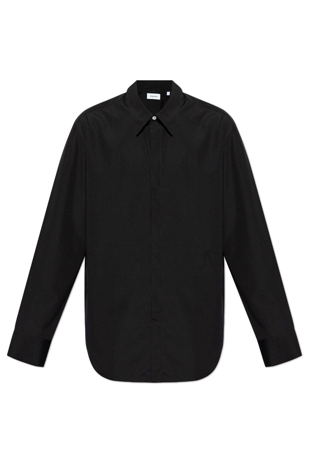 Ferragamo Logo Embroidered Long-sleeved Shirt In Black