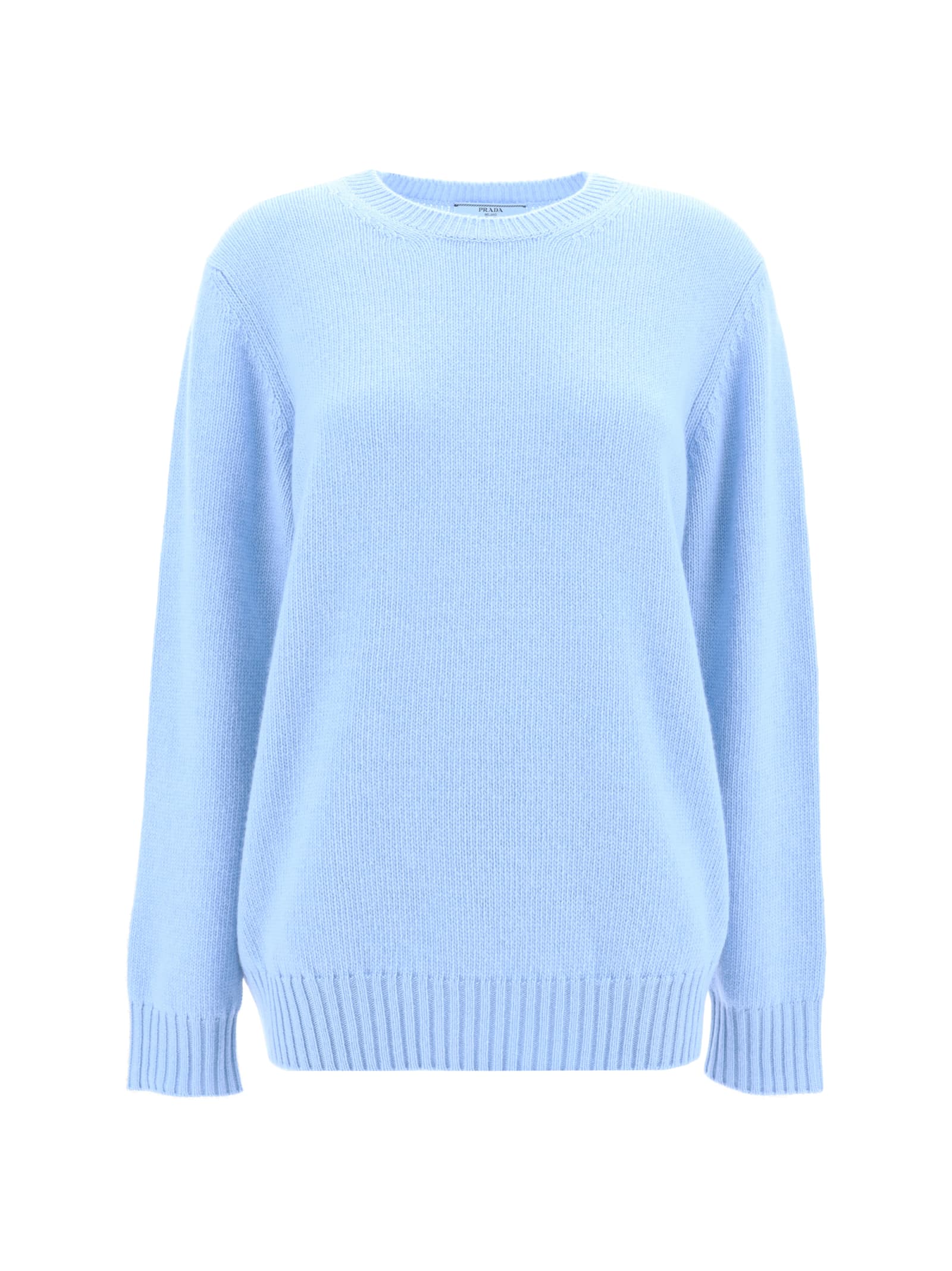 Prada Ribbed Wool Knit Sweater With Crew Neck In Azzurro