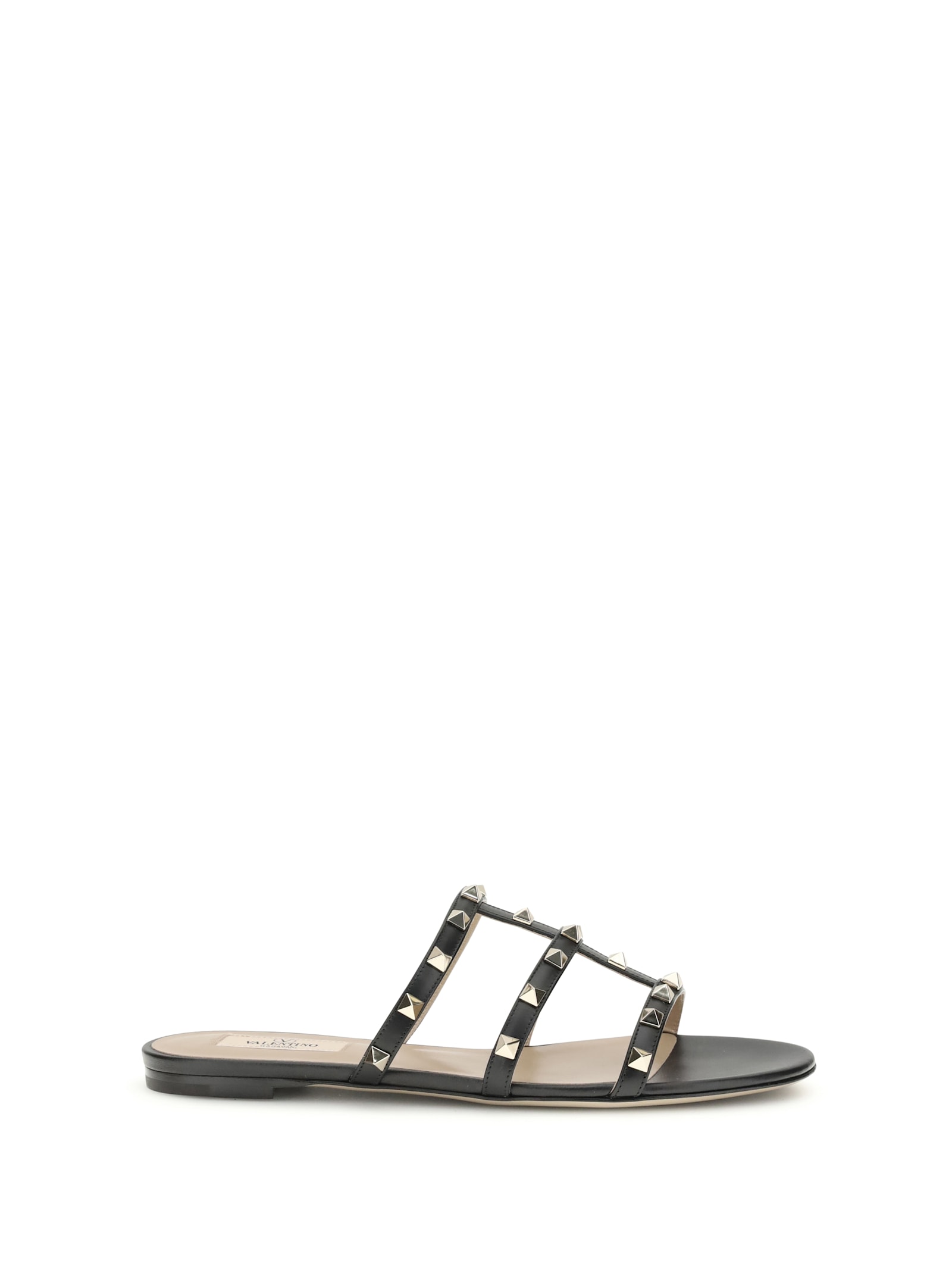 Valentino Black Calf Leather Bos Taurus Flat Sandals In Multi