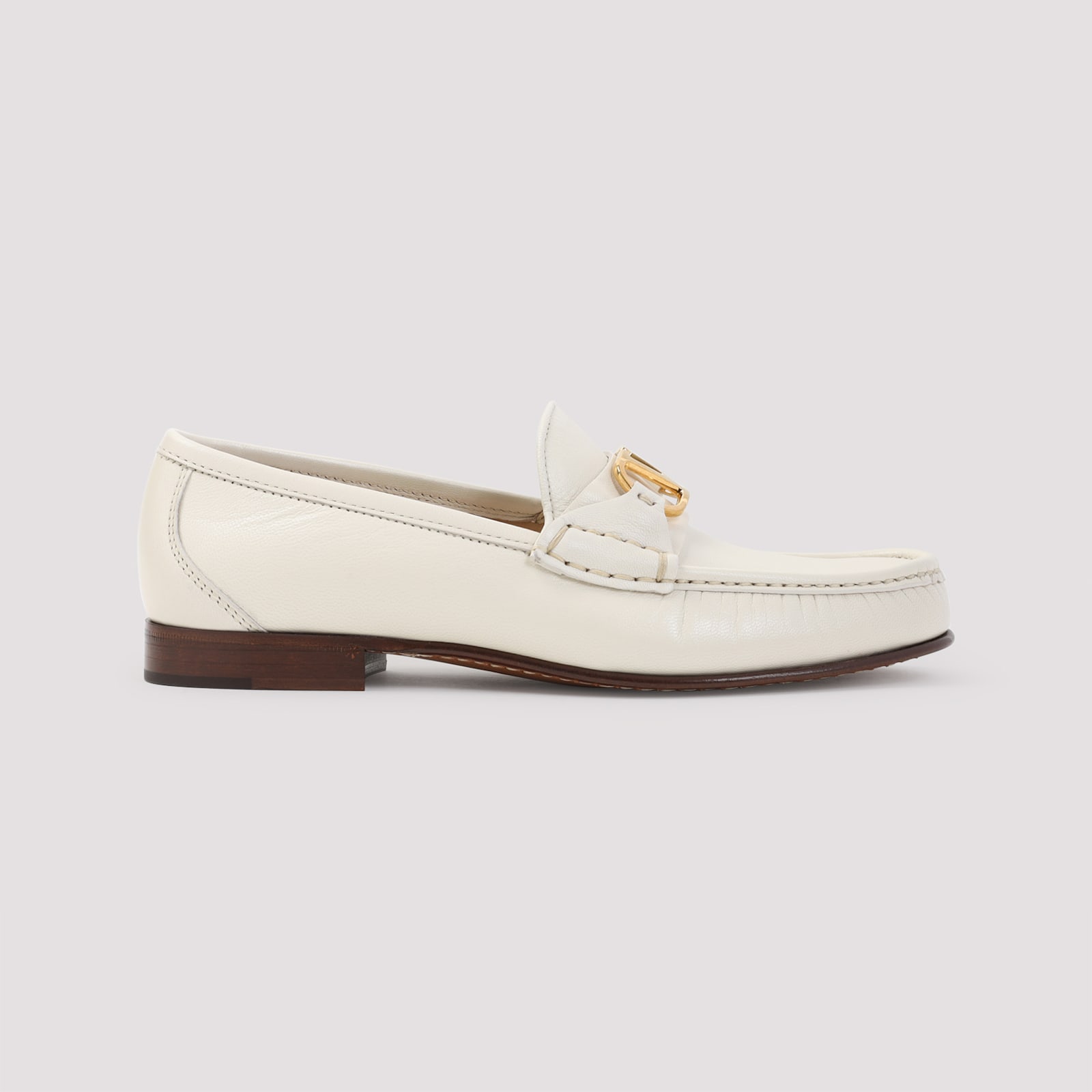 Valentino Ivory Leather Loafer With Golden Metal V Logo