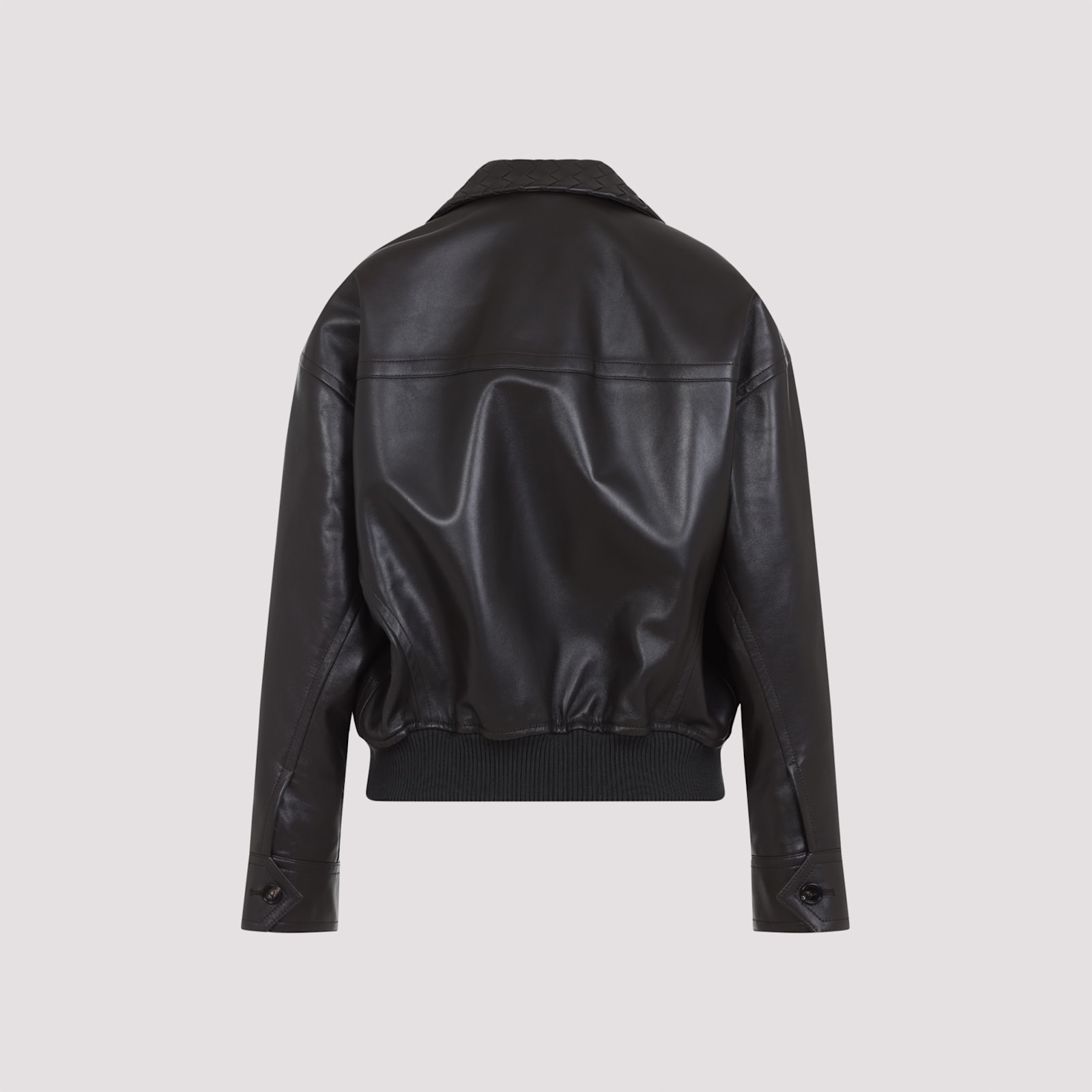 Bottega Veneta Intrecciato Collar Leather Jacket In Black