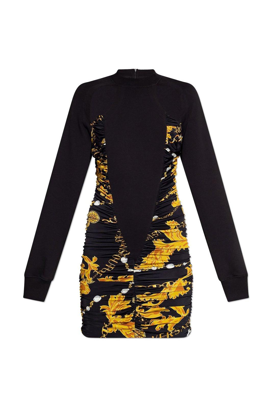 Versace Jeans Couture Logo-print Cut-out Ruched Minidress In Black/gold