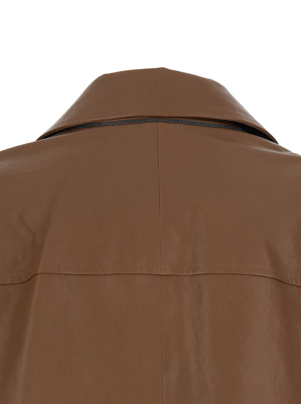 Brunello Cucinelli Brown Crop Jacket With Classic Lapels And Three-quarter Sleeves In Leather Woman In Brown