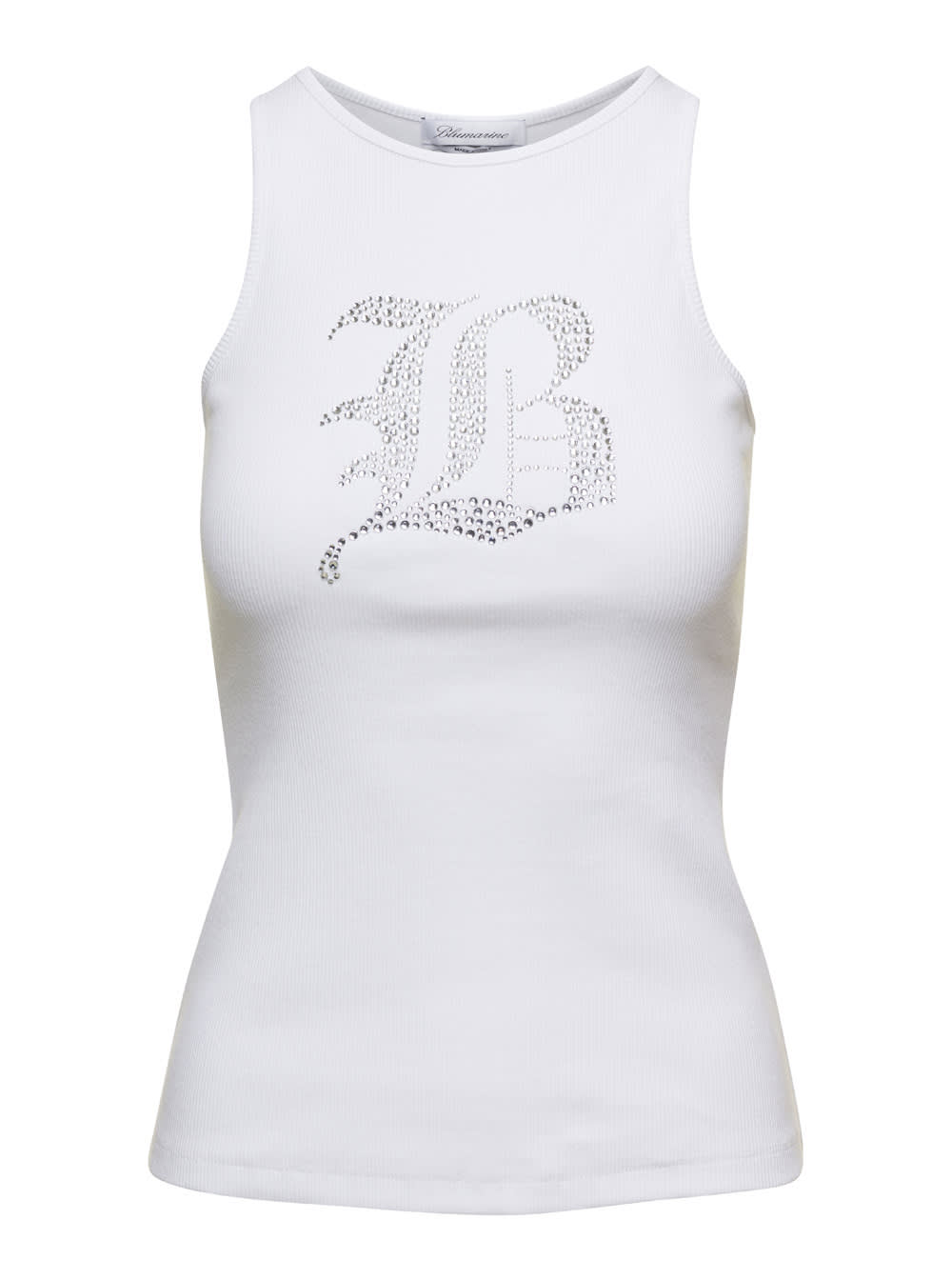 White Ribbed Tank Top With Rhinestone Logo In Cotton Woman