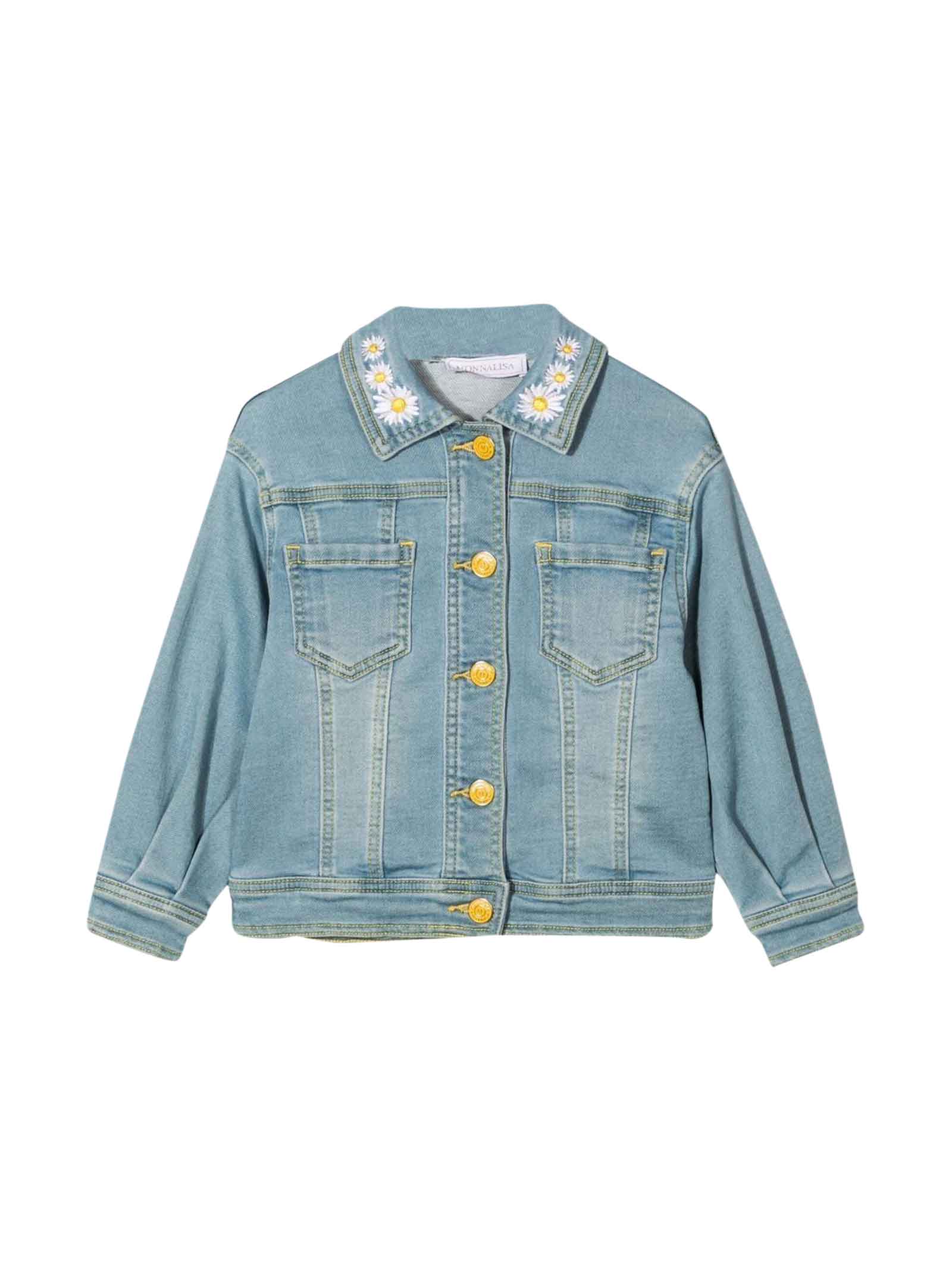 Monnalisa Denim Jacket With Floreal Applications On The Neck And Back Tweety Bird Application