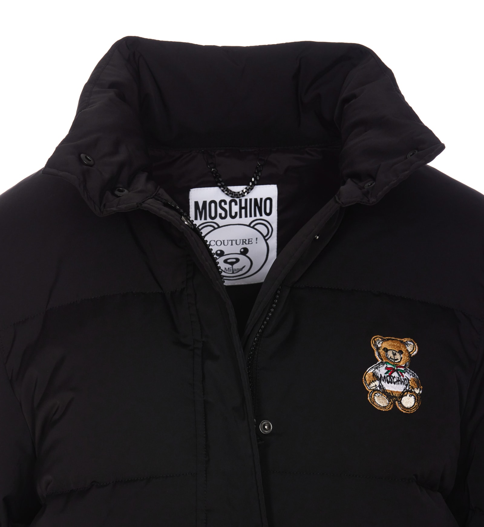 Shop Moschino Drawn Teddy Bear Patch Down Jacket In Black