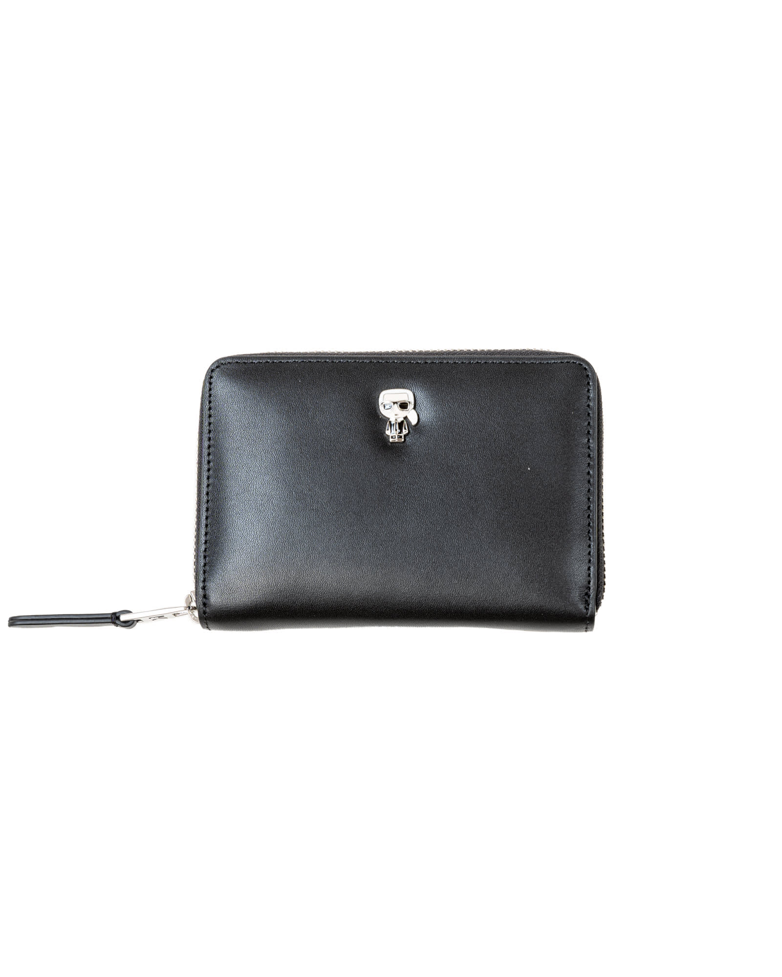 Karl Lagerfeld compact leather wallet, featuring a K / Ikonik graphic brooch