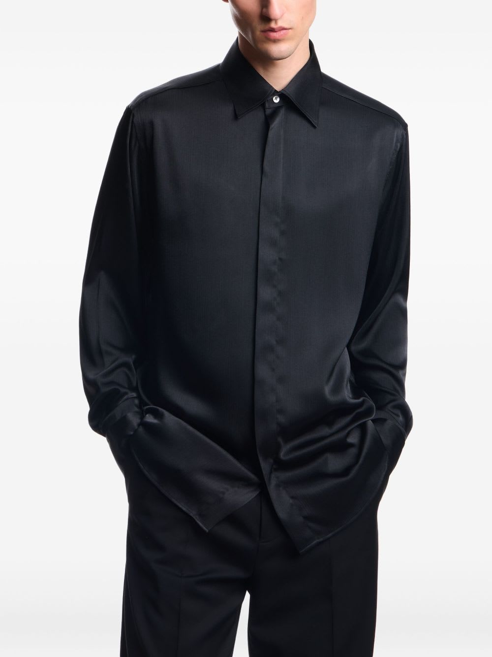 Emporio Armani Long Sleeve Satin Shirt With Spread Collar In Black