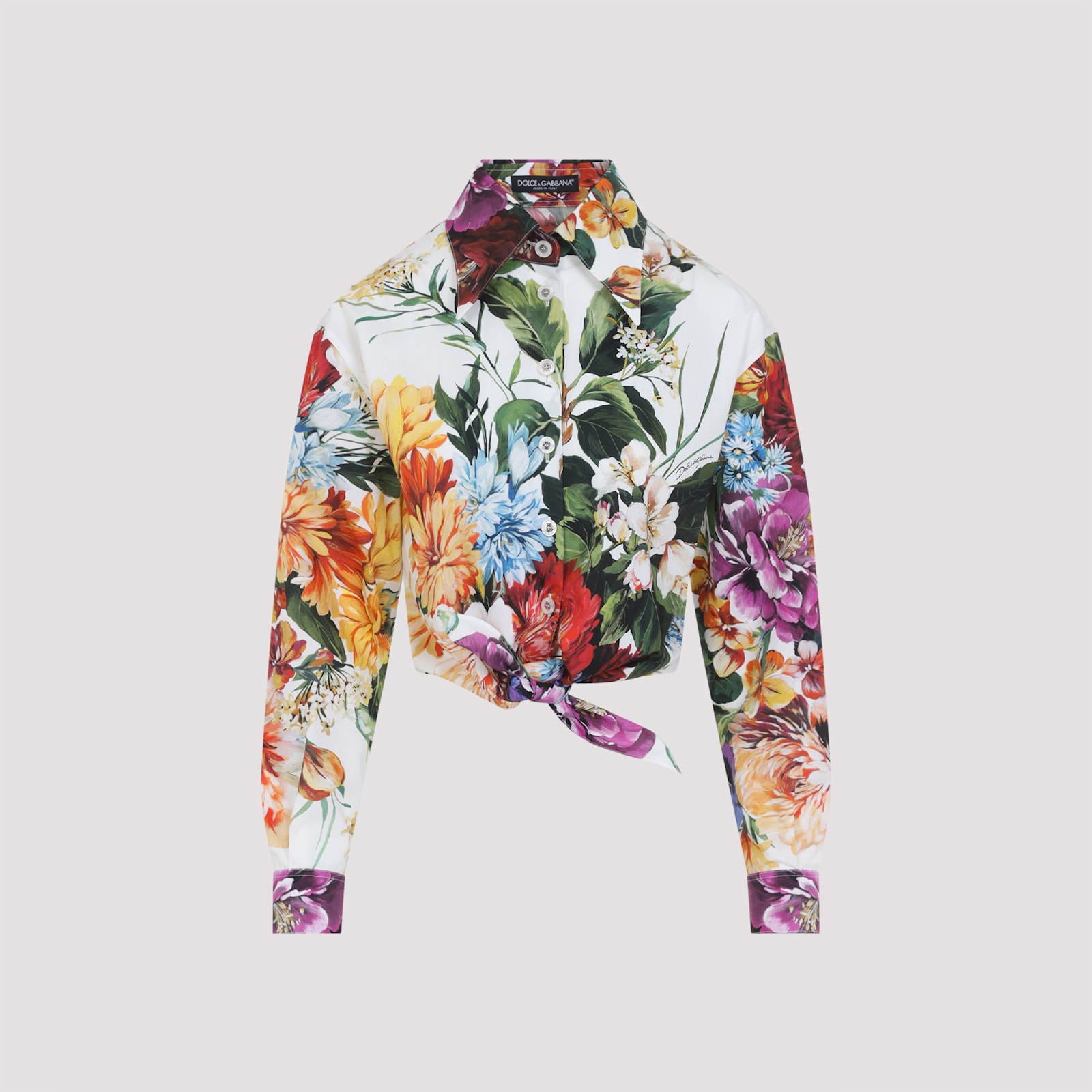 Dolce & Gabbana Multicolor Cropped Shirt With Tie Closure On The Front And All-over Floral Print In Multi