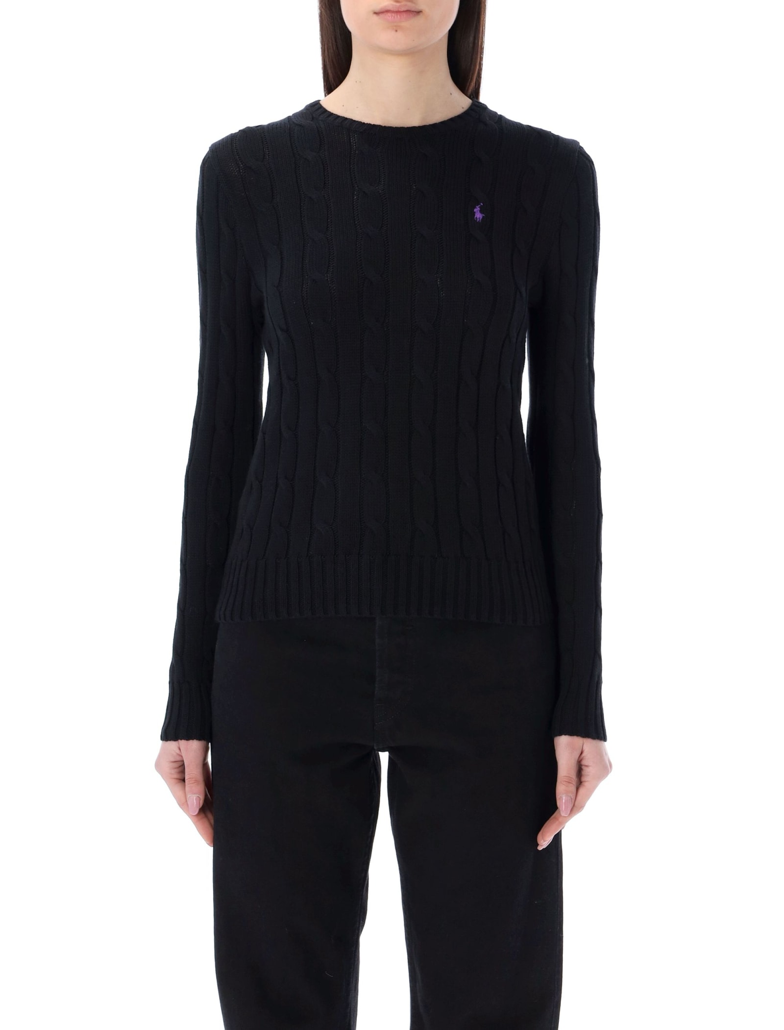 Shop Polo Ralph Lauren Cable-knit Cotton Crewneck Sweater In Black