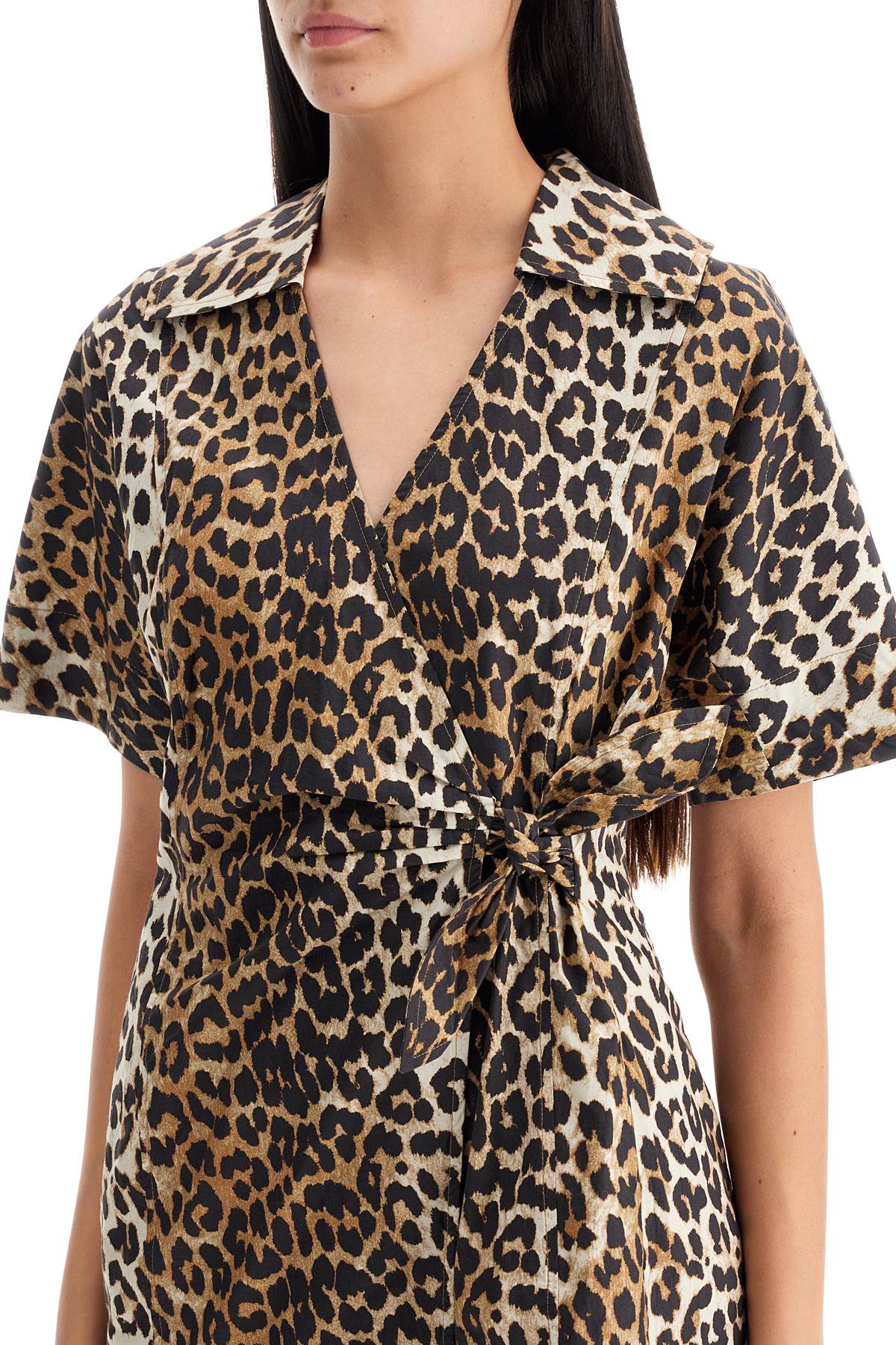 Shop Ganni Animal Print Poplin Wrap Mini Dress In Brown