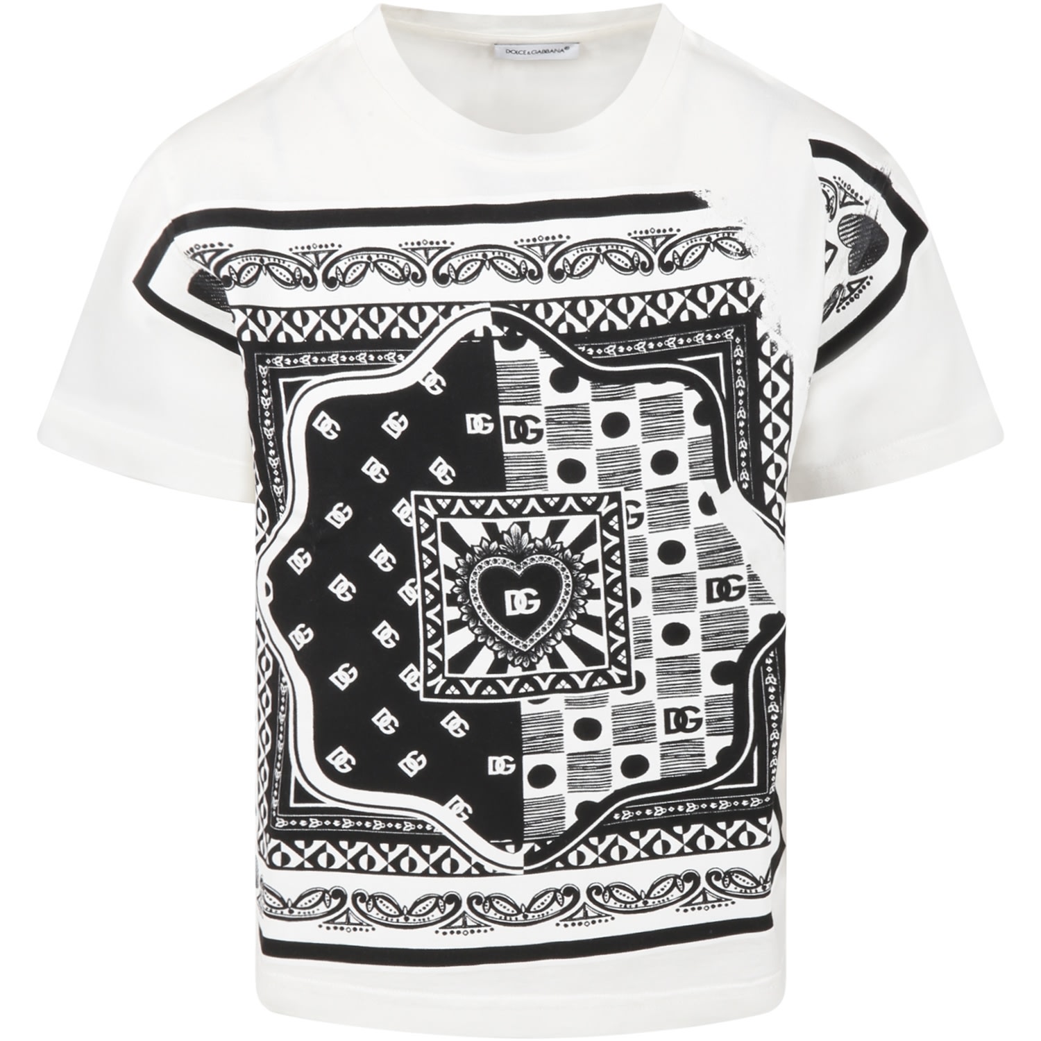 DOLCE & GABBANA WHITE T-SHIRT FOR KIDS WITH BLACK PRINT AND LOGO