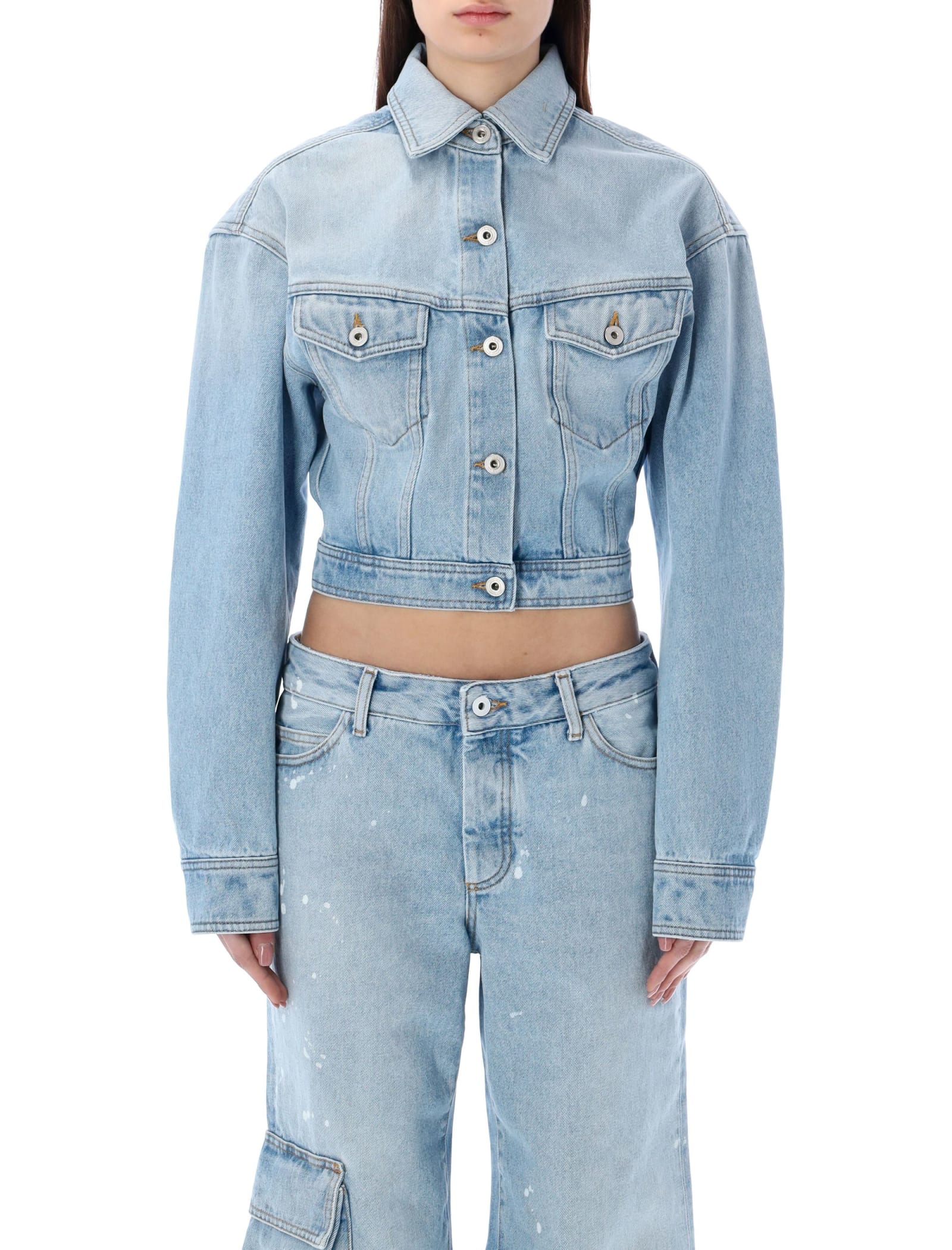 Off-white Toy Box Splatter Paint Crop Denim Jacket With Detachable Hood In Light Wash