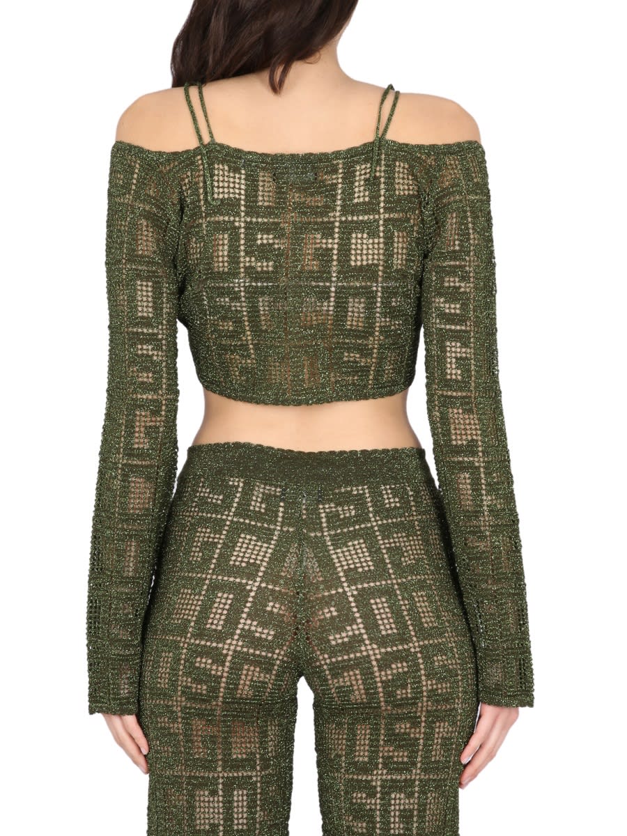 Gcds Cropped Geometric Knit Top With Long Sleeves In Military Green