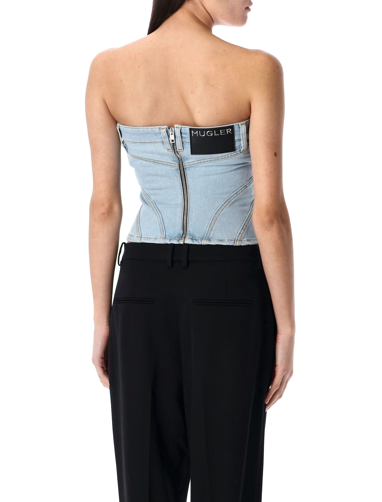 Mugler Denim Bustier In Medium Blue