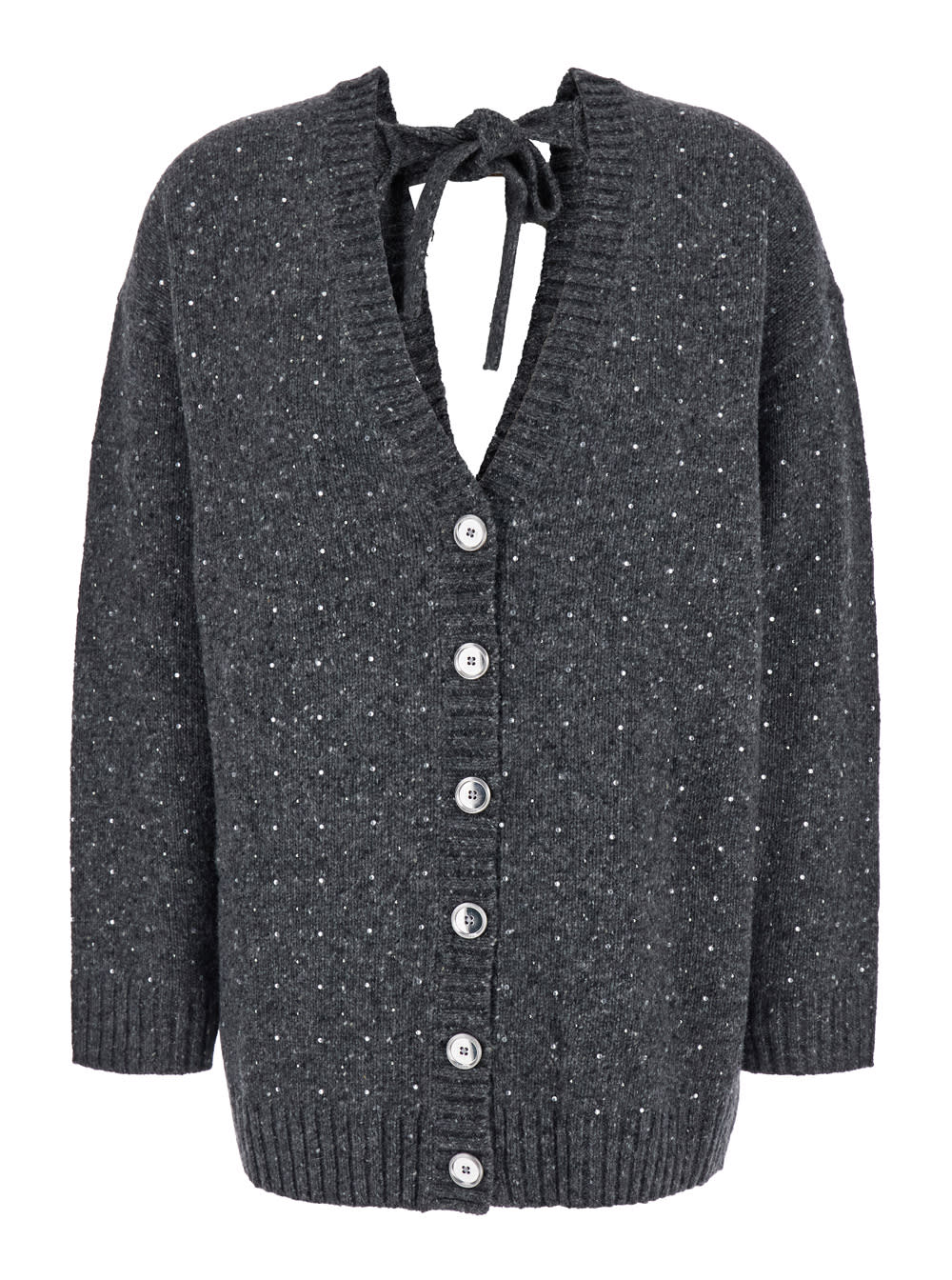 Shop Pinko Grey Cardigan With V Neck And Crystal Embellishments In Wool Blend Woman