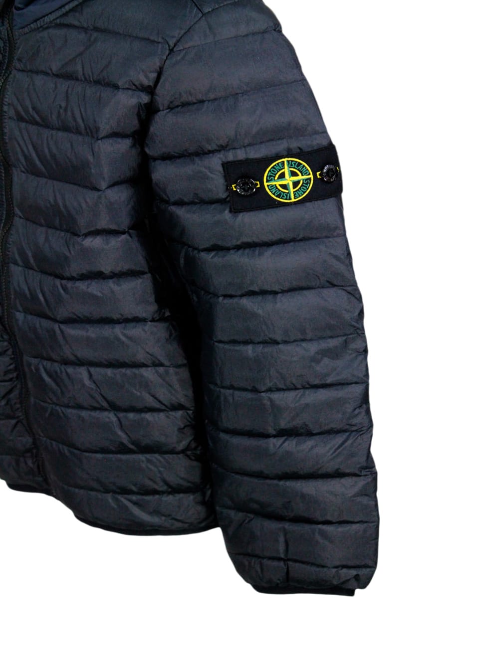 Stone Island 100 Gram Padded Down Jacket Made Of Recycled Crunchy Nylon. Zip Closure, Hood And Logo On The Sleeve In Blu