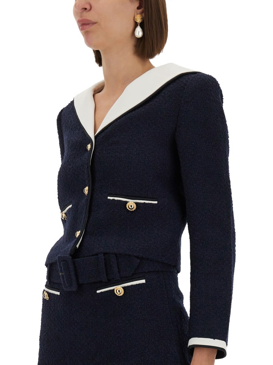 Self-portrait Boucle Jacket With Contrasting Neckline In Blue