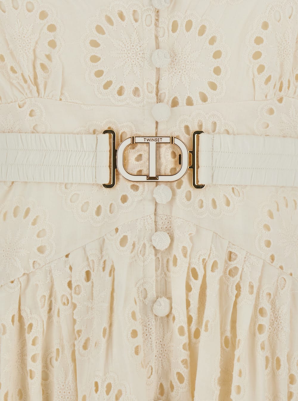 Twinset White Long Dress With V-neck And Waist Belt With Metallic Logo Plaque In Cotton Woman In White