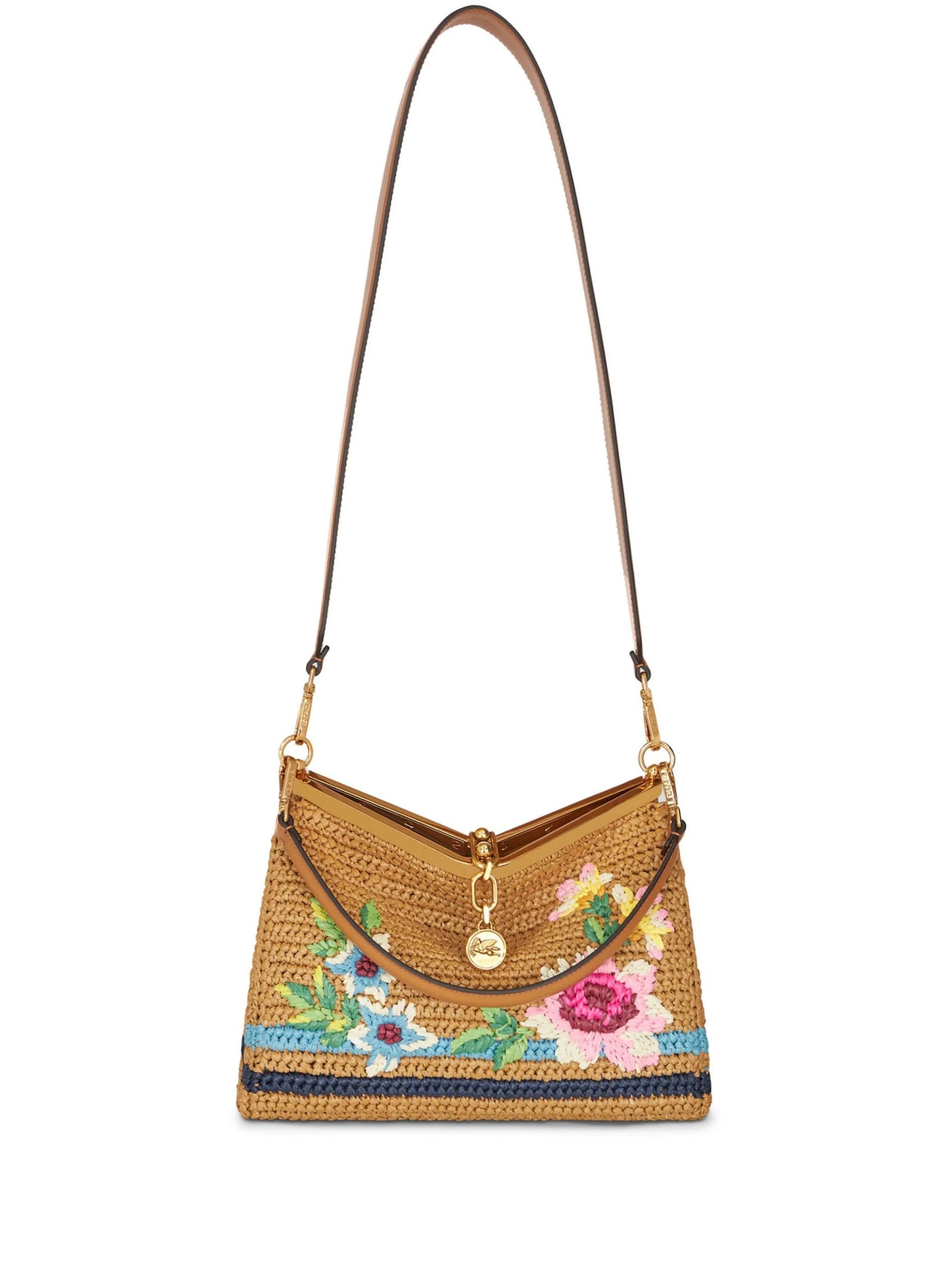 Etro Vela Medium Bag In Raffia With Embroidery In Brown