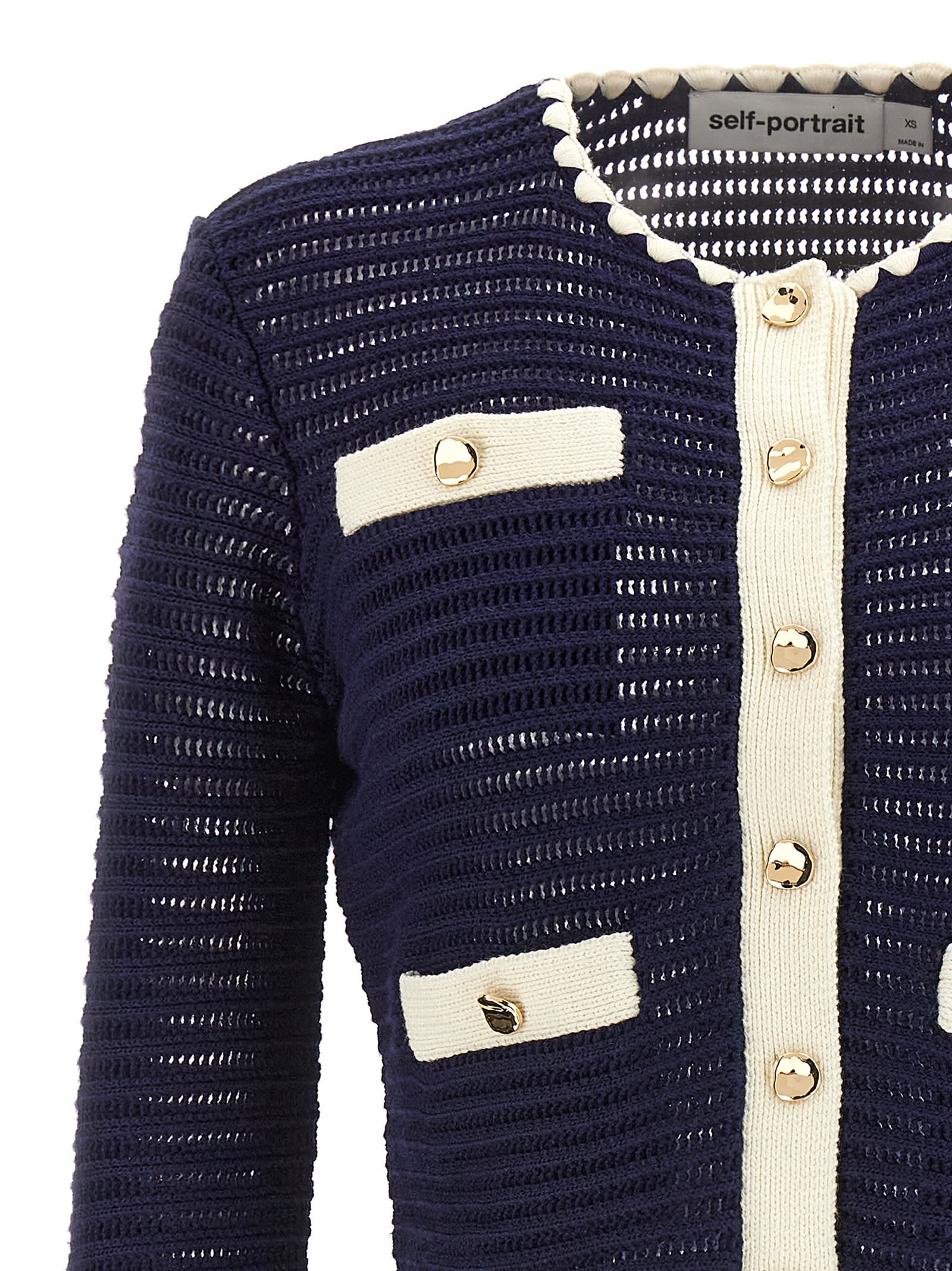 Shop Self-portrait Navy Crochet Contrast Trim Cardigan In Blue