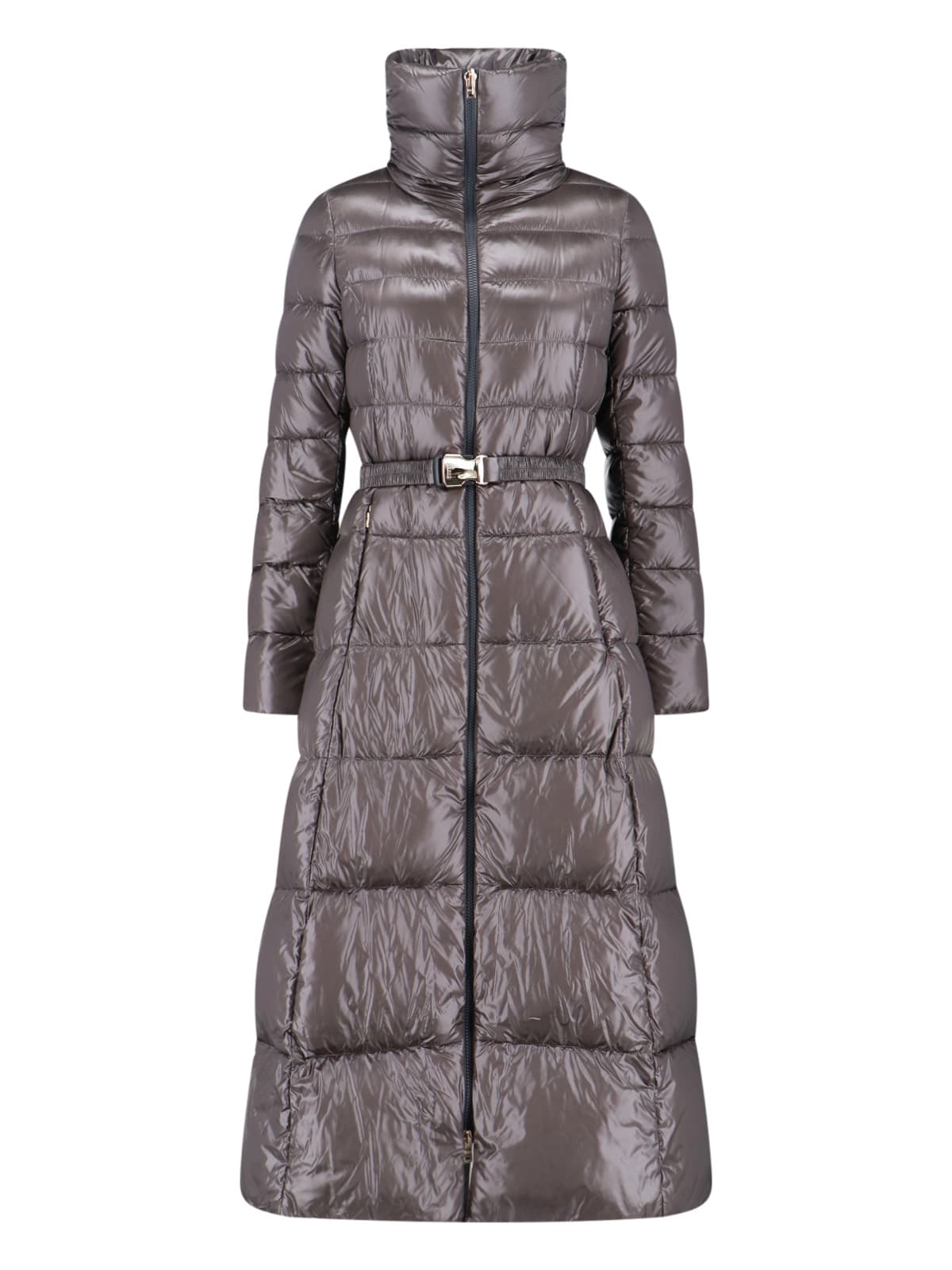 Herno Belted High Collar Long Quilted Shiny Jacket In Gray