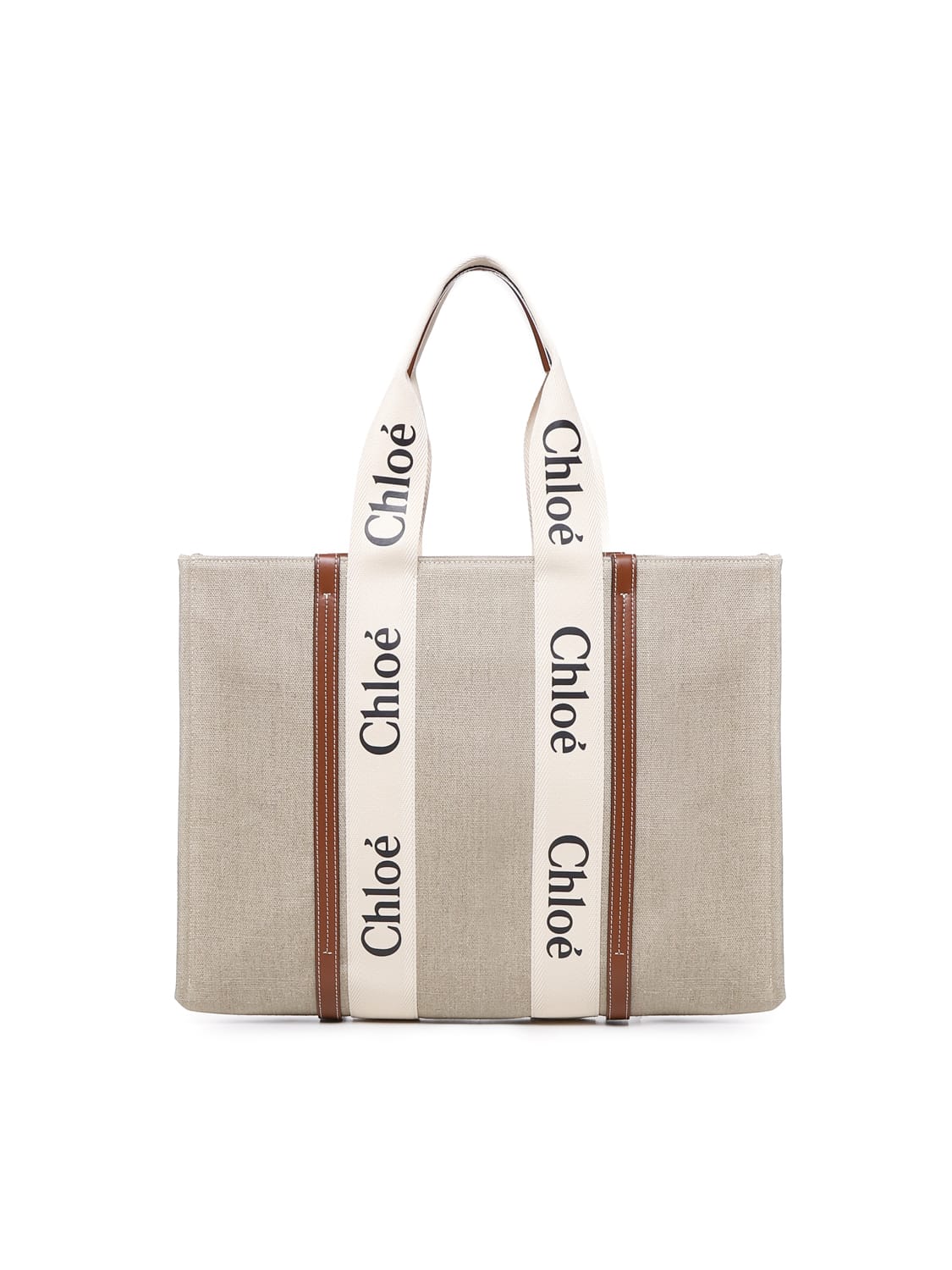 Shop Chloé Large Woody Tote Bag In Linen In White - Brown 1