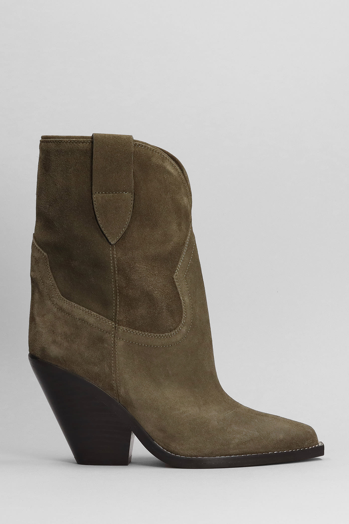 ISABEL MARANT LEYANE TEXAN ANKLE BOOTS IN KHAKI SUEDE