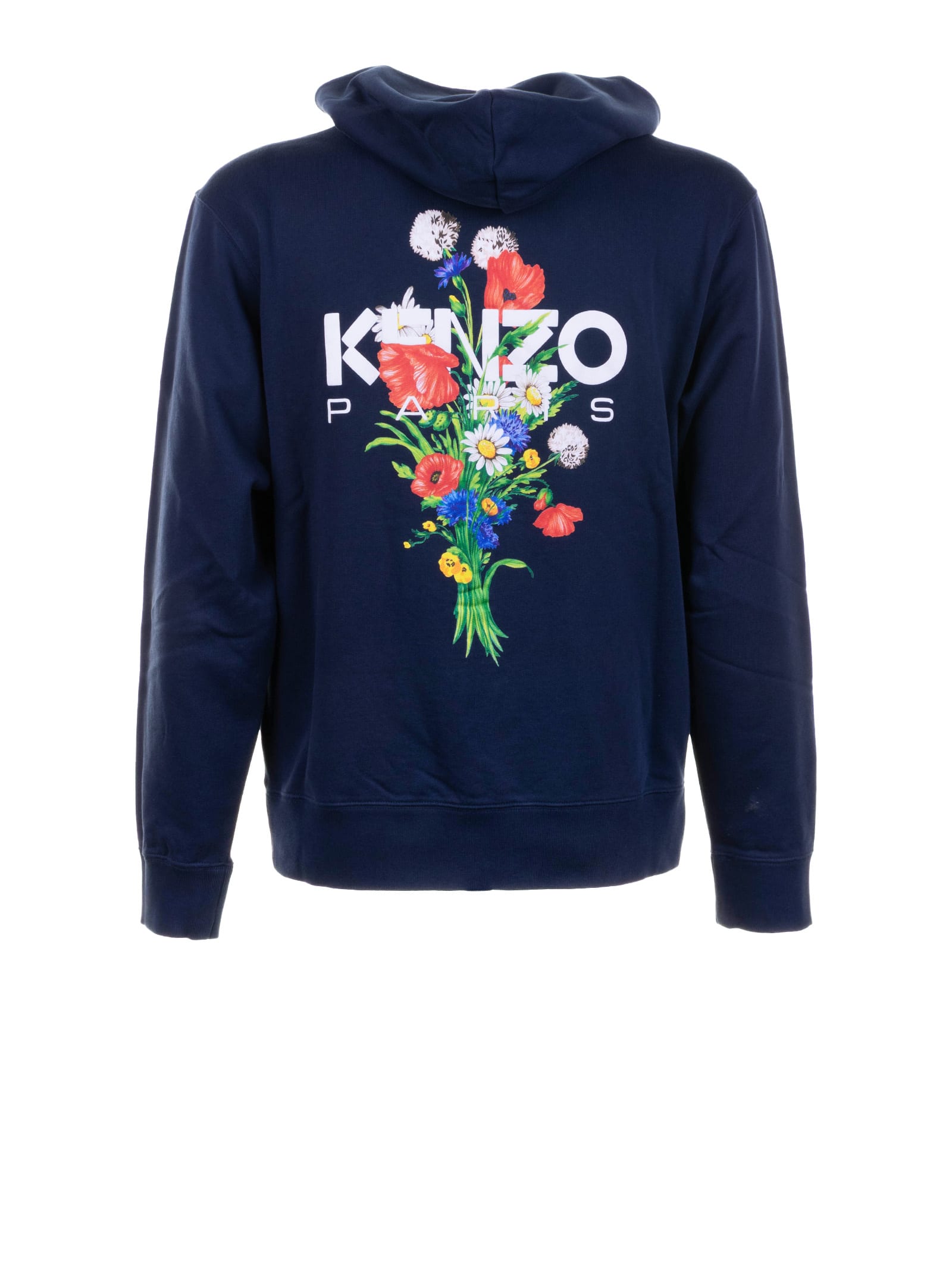 Kenzo Crewneck Sweater With Floral Motif And Hood In Blue