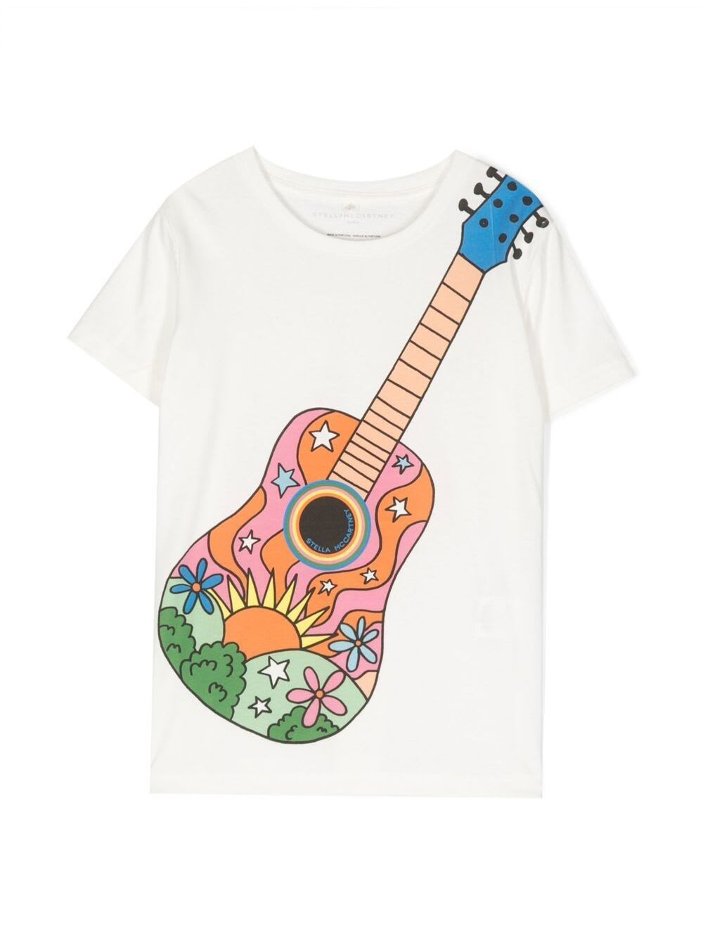 STELLA MCCARTNEY CREWNECK T-SHIRT WITH GUITARE PRINT IN WHITE COTTON WOMAN
