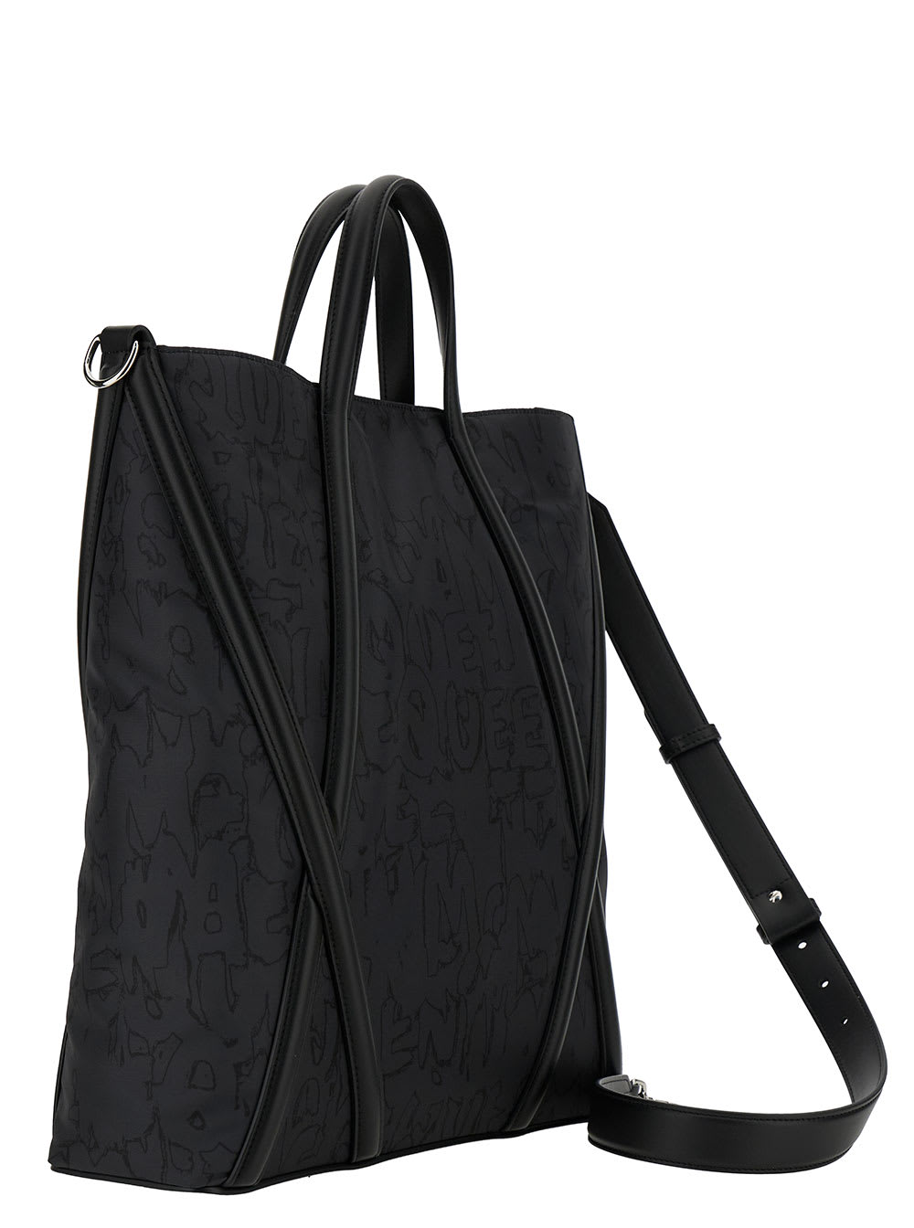 Shop Alexander Mcqueen The Harness Black Tote Bag With Logo Detail In Nylon Man
