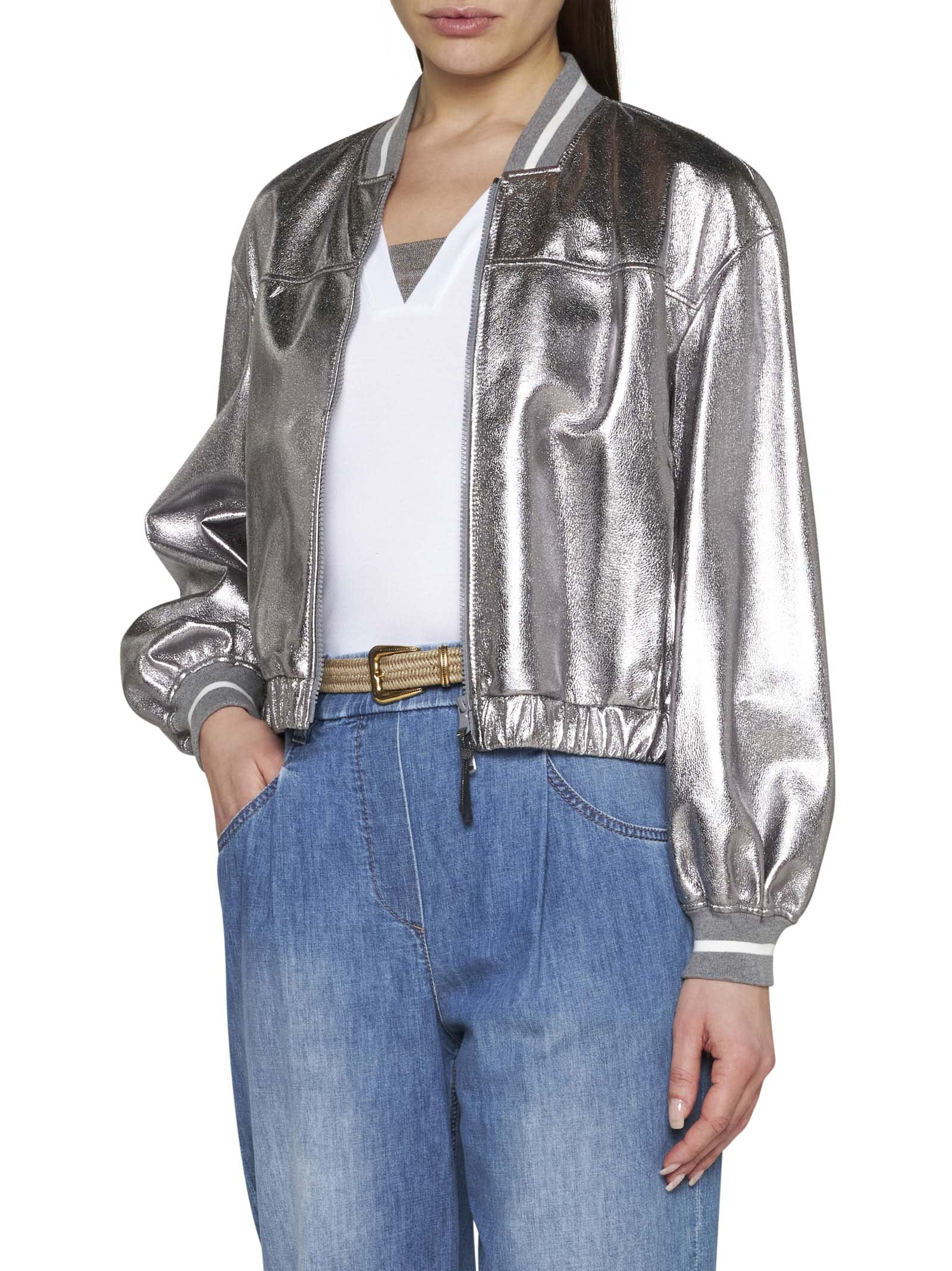 Brunello Cucinelli Laminated Leather Bomber Jacket Puffer Jackets Silver In Metallic