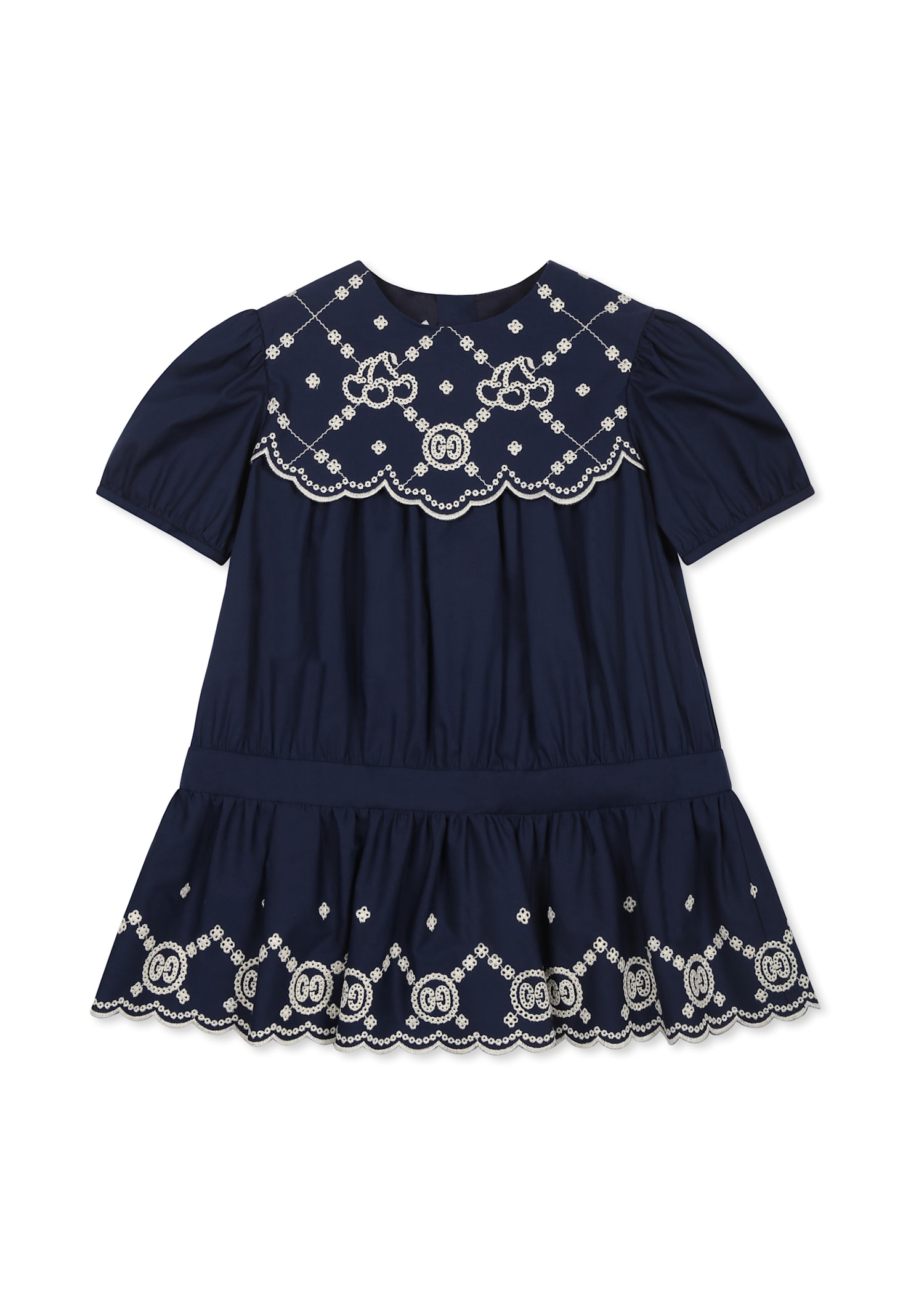 Gucci Blue Dress For Baby Girl With Gg Cherry Embroidery