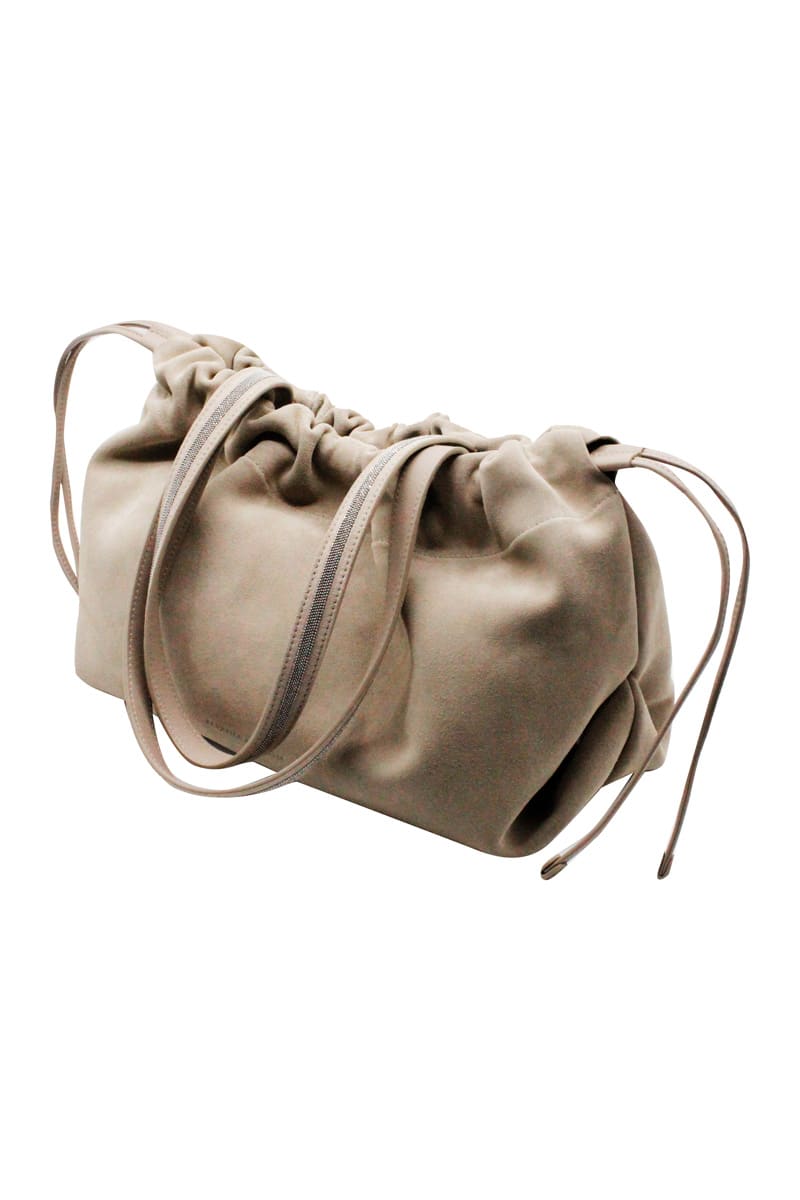 Brunello Cucinelli Shopping Bag In Soft Suede, With Internal Pochette, Drawstring Closure And Magnet Handles Embellished With Brilliant Jewels. Measures 38x23x15 Cm