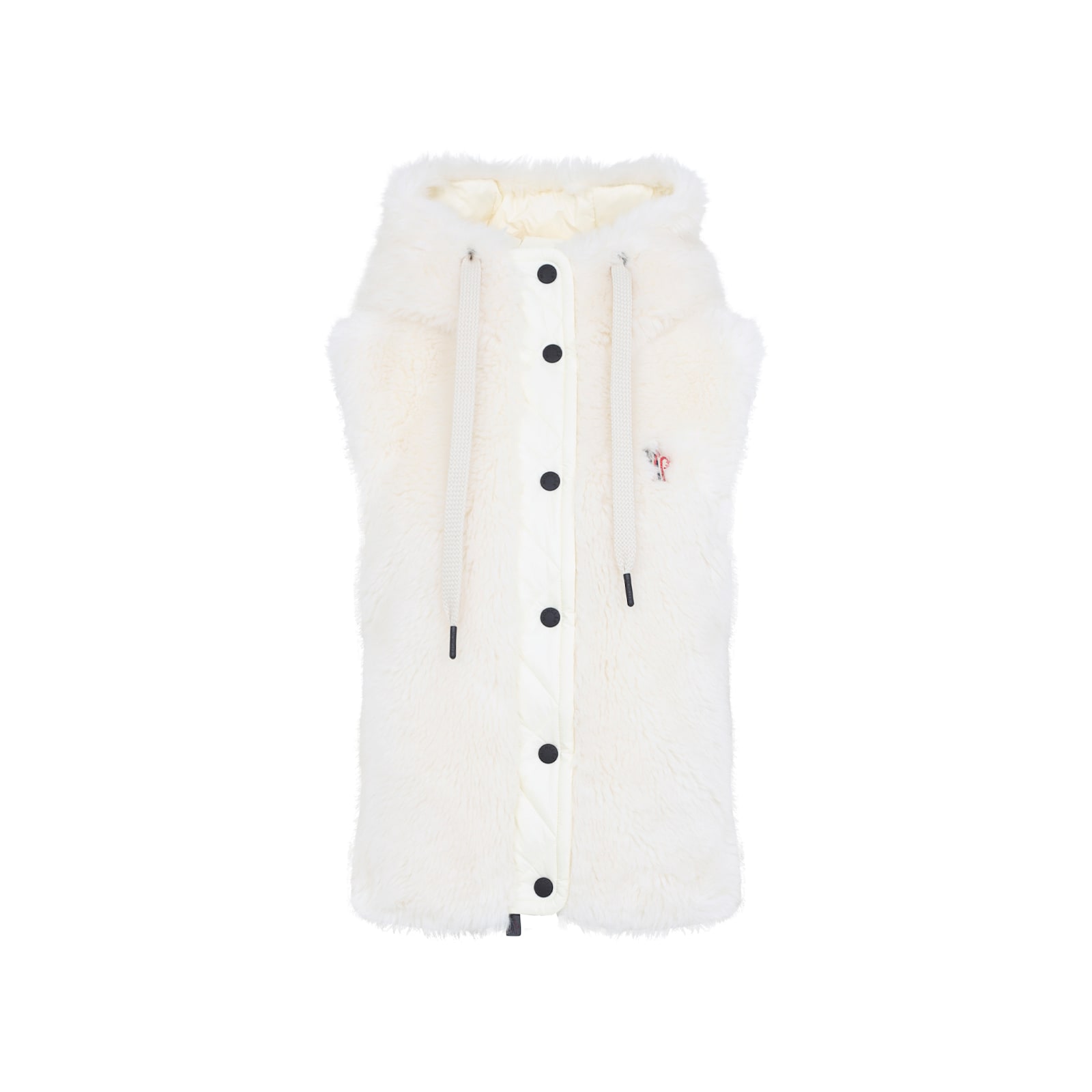 Moncler Hooded Sleeveless Faux Fur Jacket With Drawstring In White