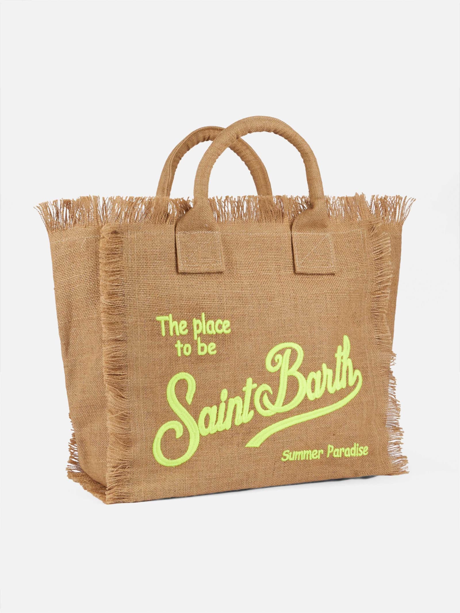 Mc2 Saint Barth Vanity Natural Jute Shoulder Bag With Embroidered Logo In White