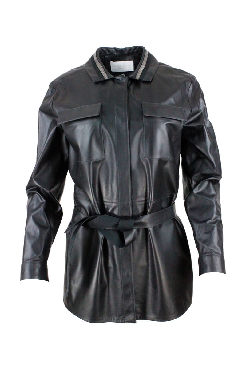 Fabiana Filippi Leather Shirt Jacket With Button Closure, With Belt And With Monile On The Collar