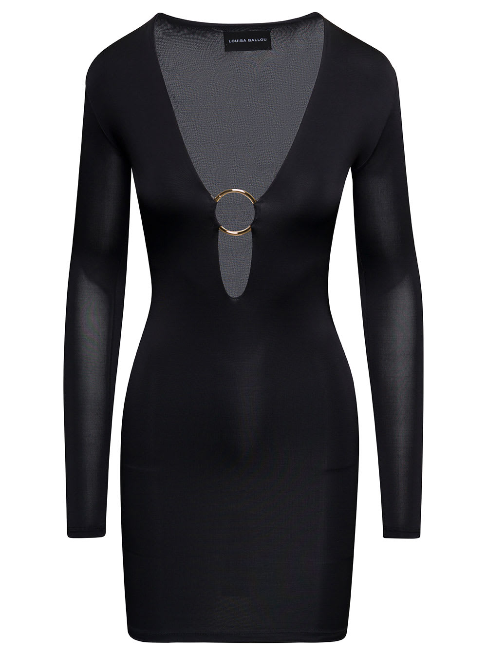 LOUISA BALLOU BLACK HELIOS PLUNGE MINIDRESS WITH V NECK AND GOLDEN RING LONG SLEEVES IN VISCOSE WOMAN