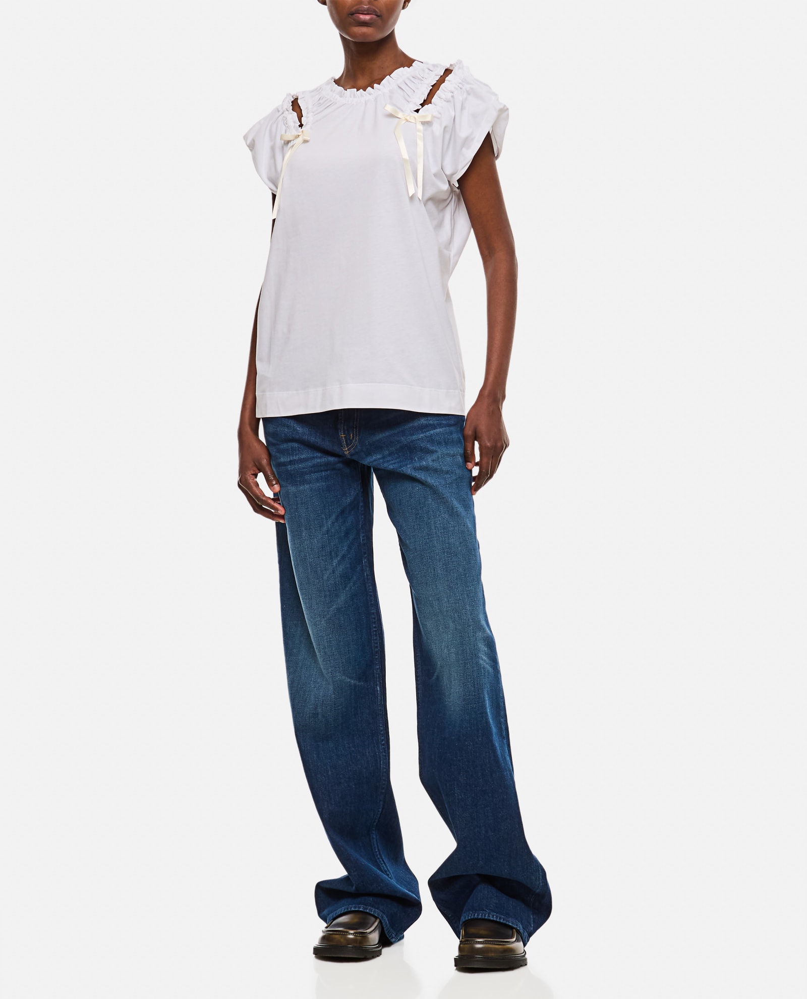 Shop Simone Rocha Cap Sleeve T-shirt W/ Shoulder Bite &amp; Bow In White