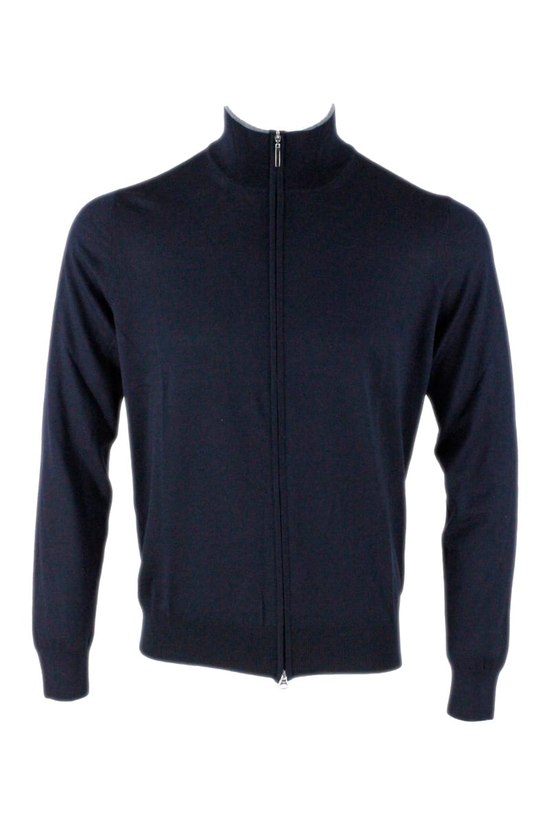 Barba Napoli Full Light Long Sleeve Sweater With Contrasting Color Profiles In Virgin Wool