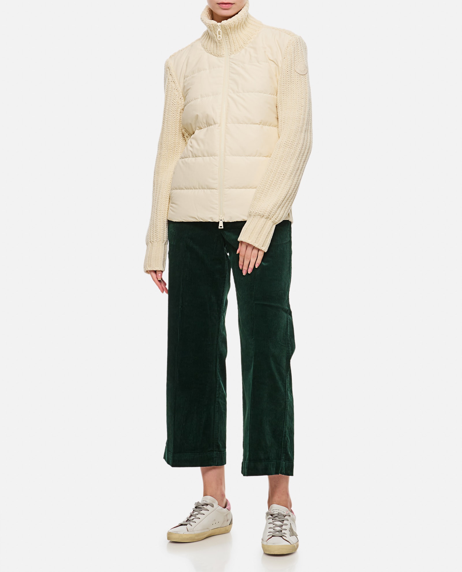 Shop Moncler Knitted Sleeve Jacket In White