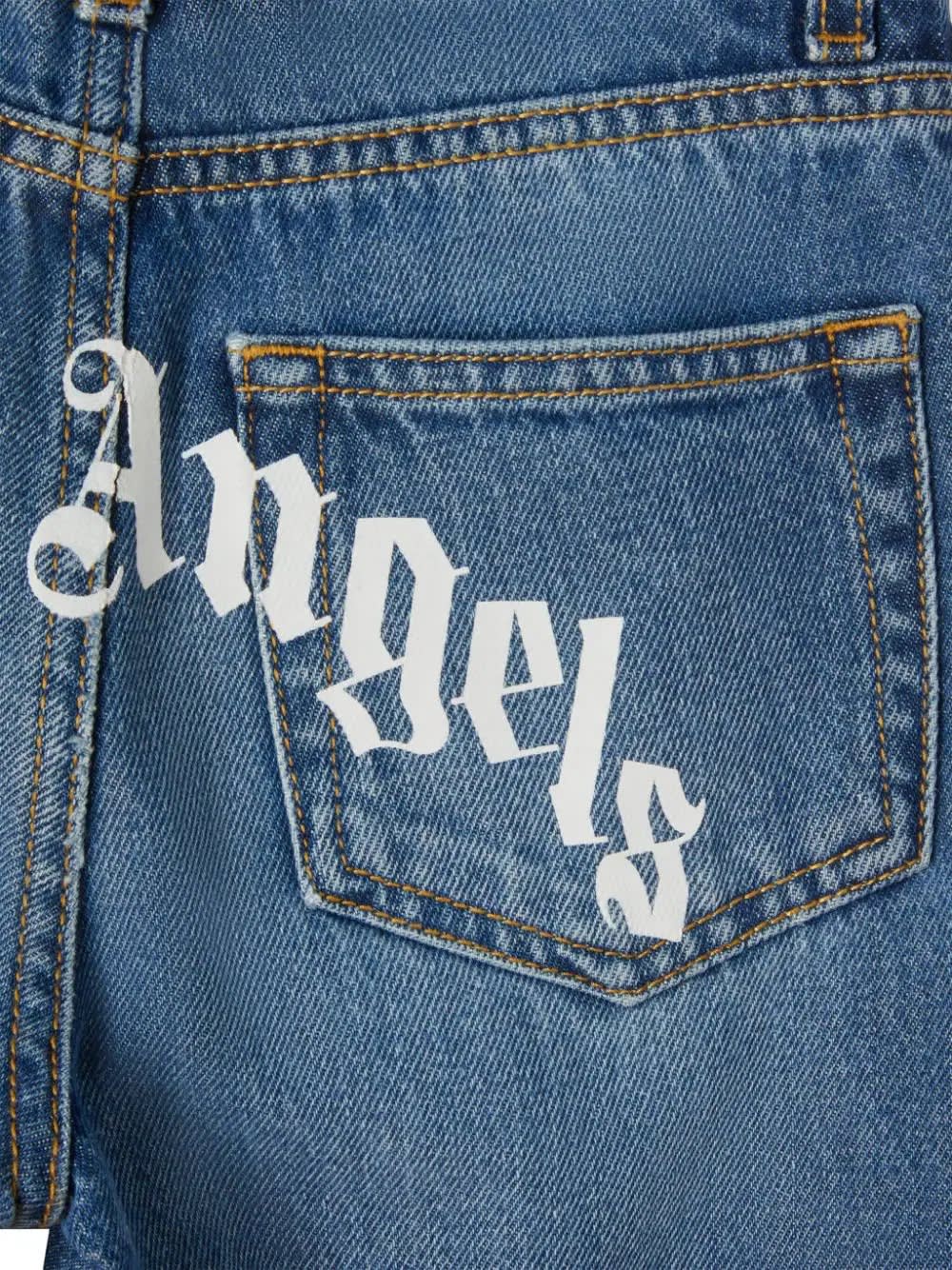 Shop Palm Angels Blue Straight-leg Jeans With Curved Logo