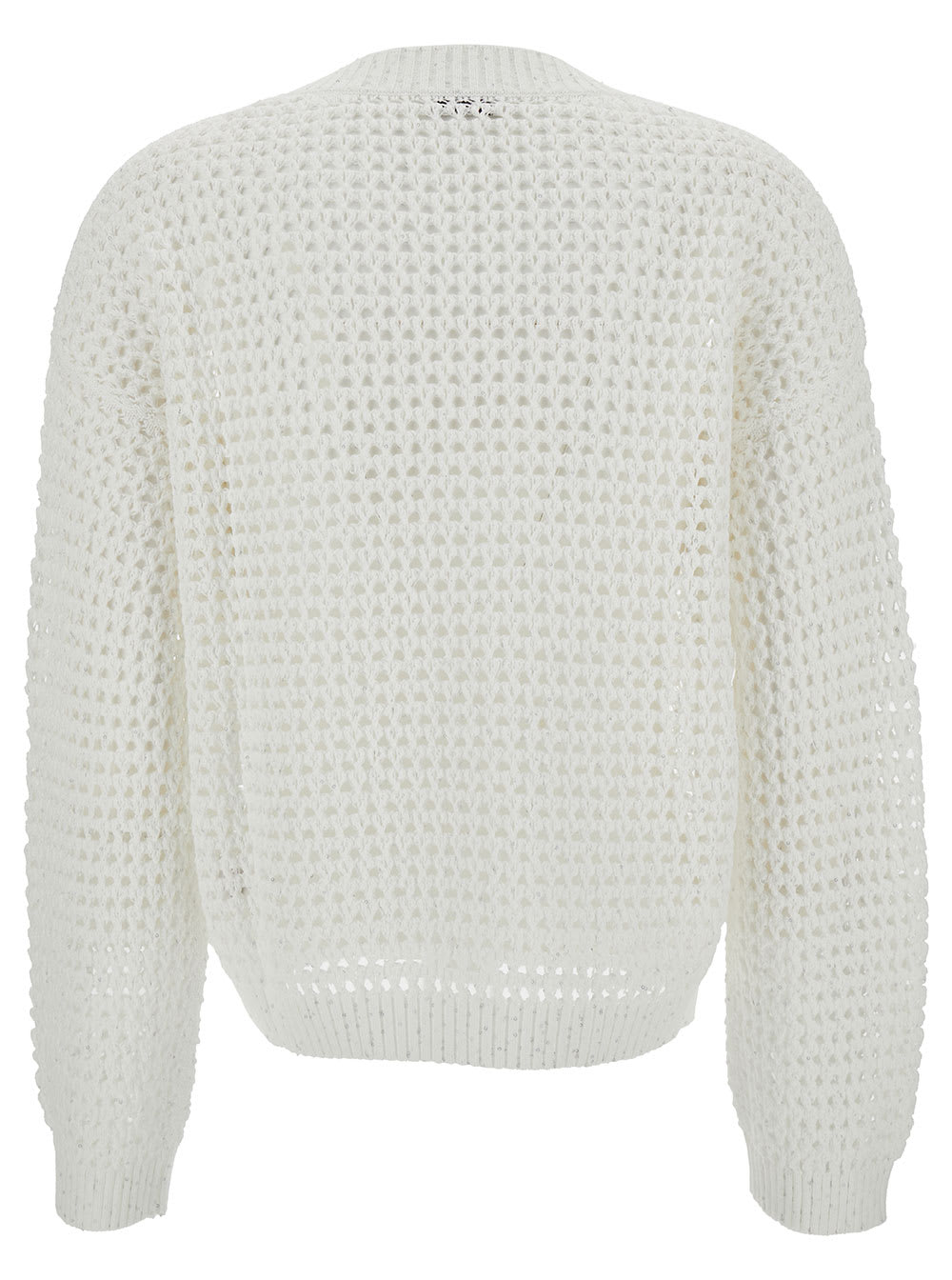 Shop Brunello Cucinelli White Pullover With V Neckline In Open-work Knit Woman