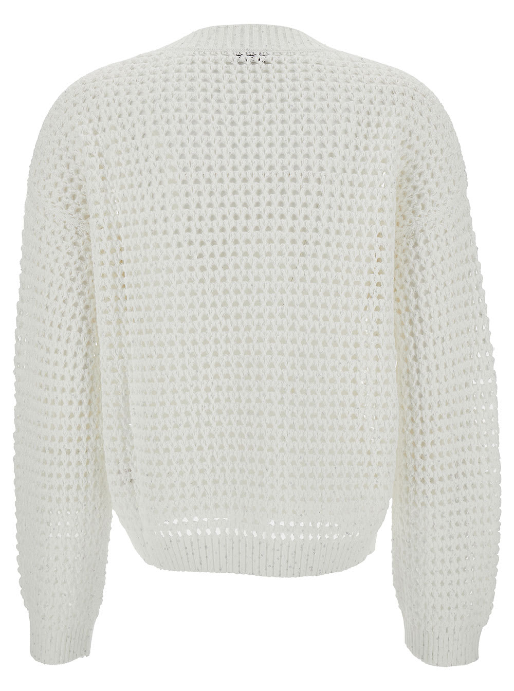 Shop Brunello Cucinelli White Pullover With V Neckline In Open-work Knit Woman In Bianco