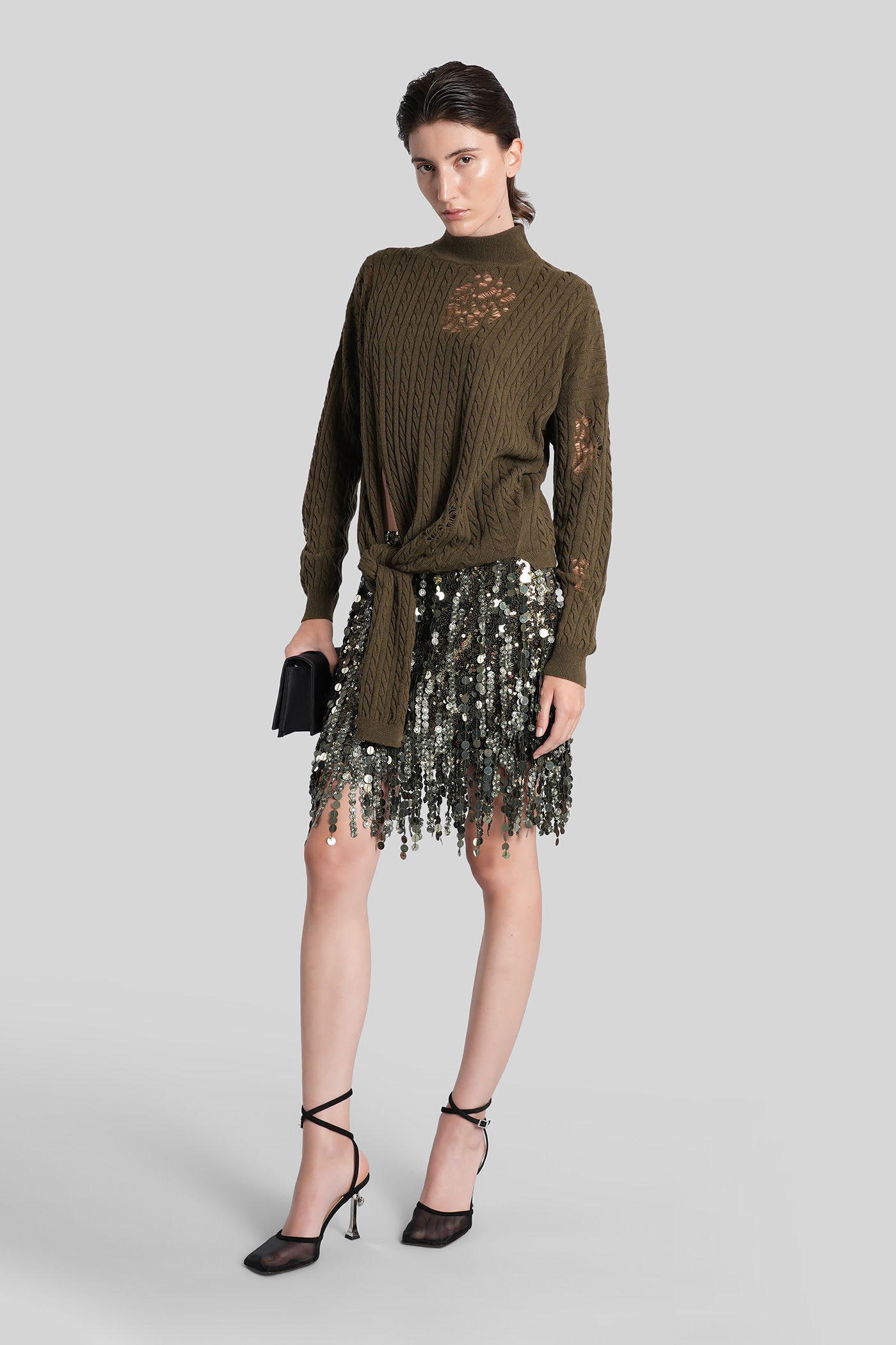 Blumarine Sequin-embellished Fringe Mini Skirt In Green