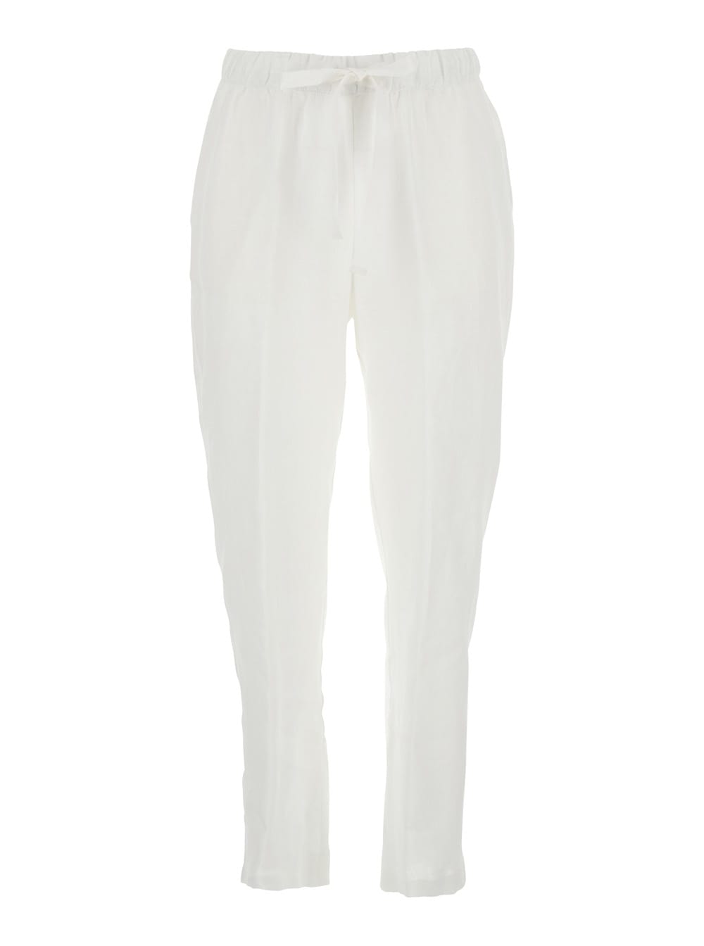 White Pants With Elastic Waist With Drawstring In Linen Woman