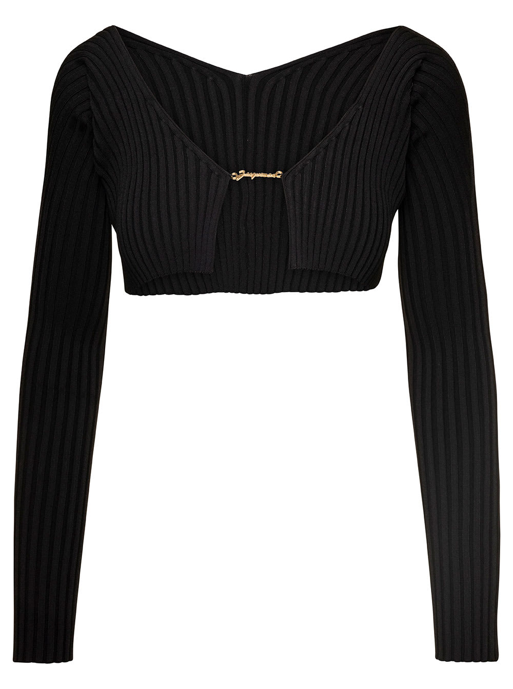 la Maille Pralù Black Cropped Cardigan With Golden Logo In Stretch Viscose Woman