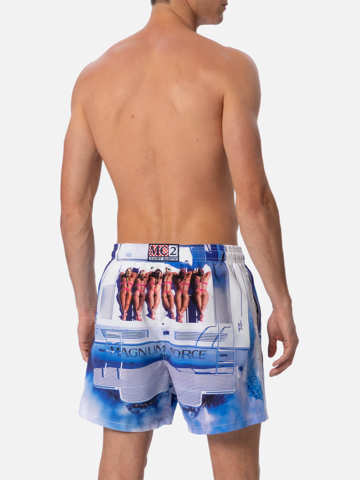 Mc2 Saint Barth Man Mid-length Gustavia Swim-shorts With Marvel Characters Placed Print Magnum Marine Special Editio In White