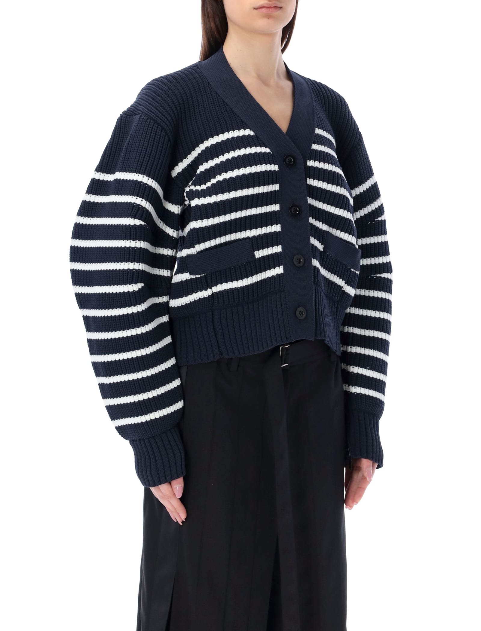 Sacai Women's Horizontal Stripe Knit Cardigan In Navy | ModeSens