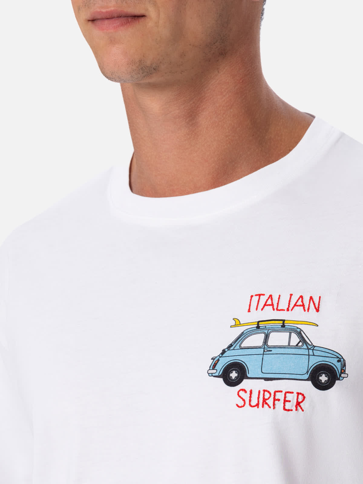 MC2 SAINT BARTH MAN COTTON T-SHIRT WITH FIAT 500 PLACED PRINT AND EMBROIDERY FIAT 500 SPECIAL EDITION